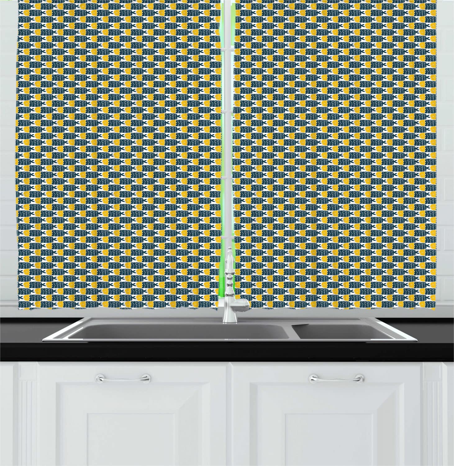 Ambesonne Folk Art Long Kitchen Curtains - Abstract Fish Pattern Rod Pocket Drapes, 55