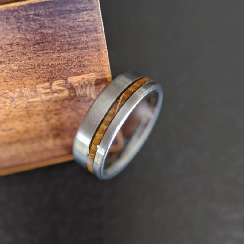 8mm Silver Tungsten Wedding Band for Men - Whiskey Barrel Ring with Bourbon Wood Inlay - Rustic Boho Style Anniversary Gift - Perfect for Weddings, Engagements & Special Occasions