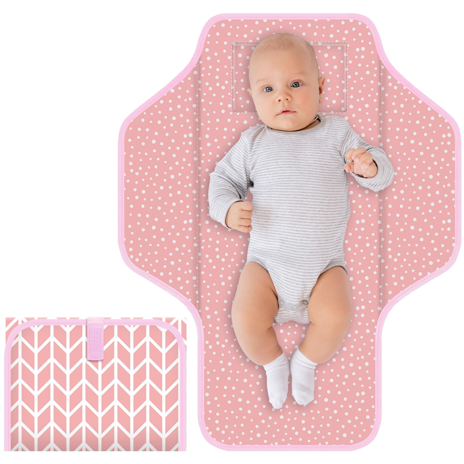 Portable Baby Diaper Changing Pad - Foldable Travel Changing Mat with Built-in Pillow, Waterproof Compact Diaper Station for Newborns & Infants | Perfect for Nursery, Daycare, On-the-Go Parents (Pink Stripe)