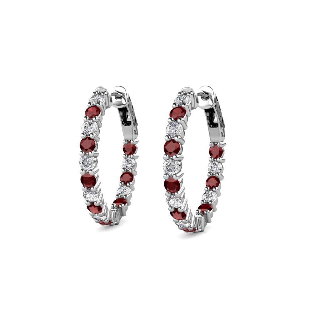 14K White Gold Red Garnet & Natural Diamond Inside-Out Hoop Earrings 0.80 ctw - Perfect for Weddings, Parties & Special Occasions