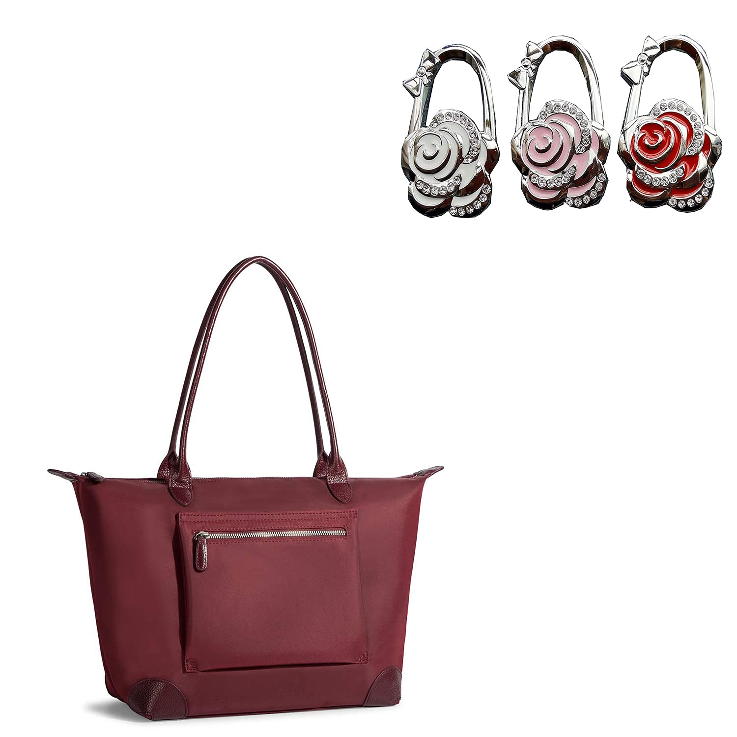 Large Nylon Tote Bags for Women - Durable Travel & Work Shoulder Purse with Foldable Handbag Hanger - Portable Metal Purse Hook Holder for Office, Restaurant, Gym & Home Organization
