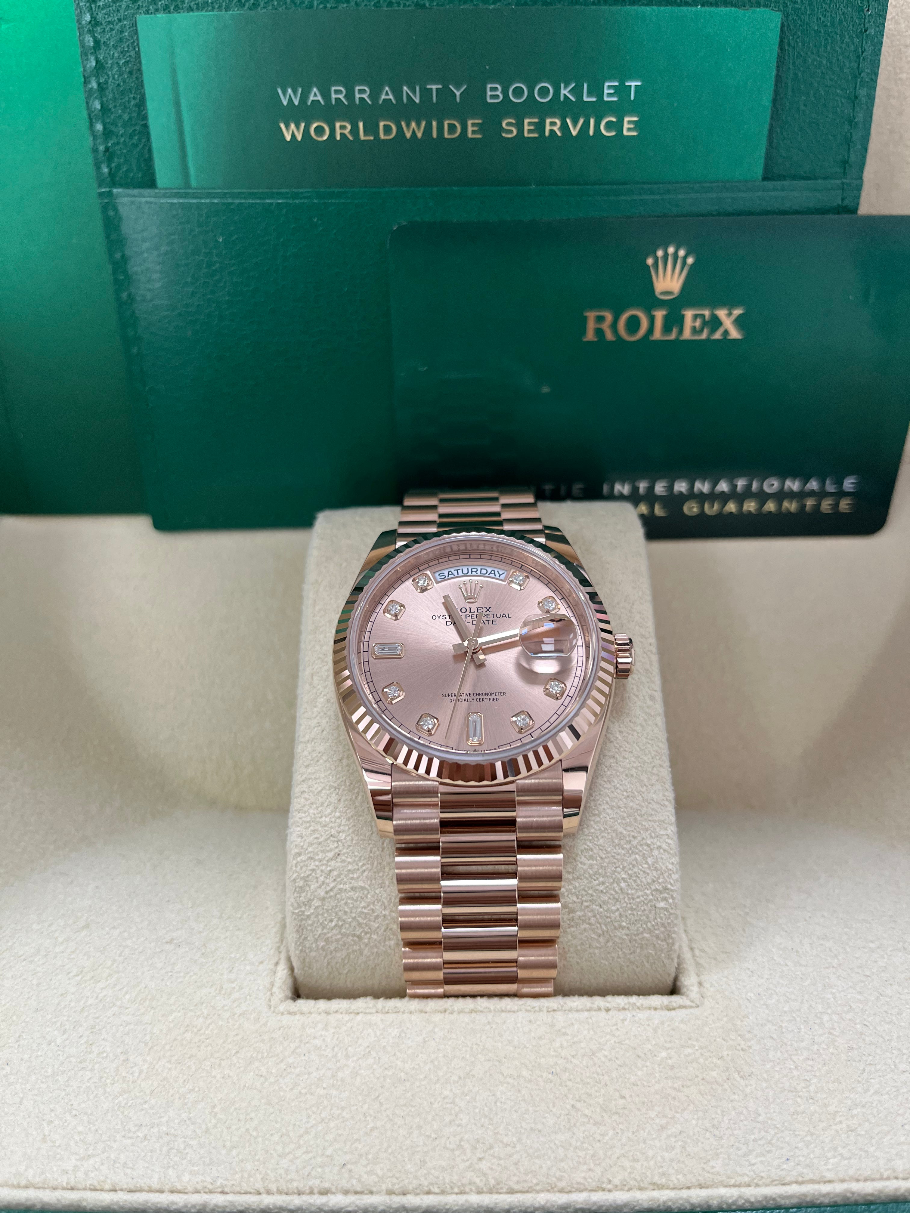Rolex Day-Date 36 Everose Gold Watch - Fluted Bezel, Rose Diamond Dial, President Bracelet (Ref. 128235) | Luxury Dress Watch for Business & Formal Occasions