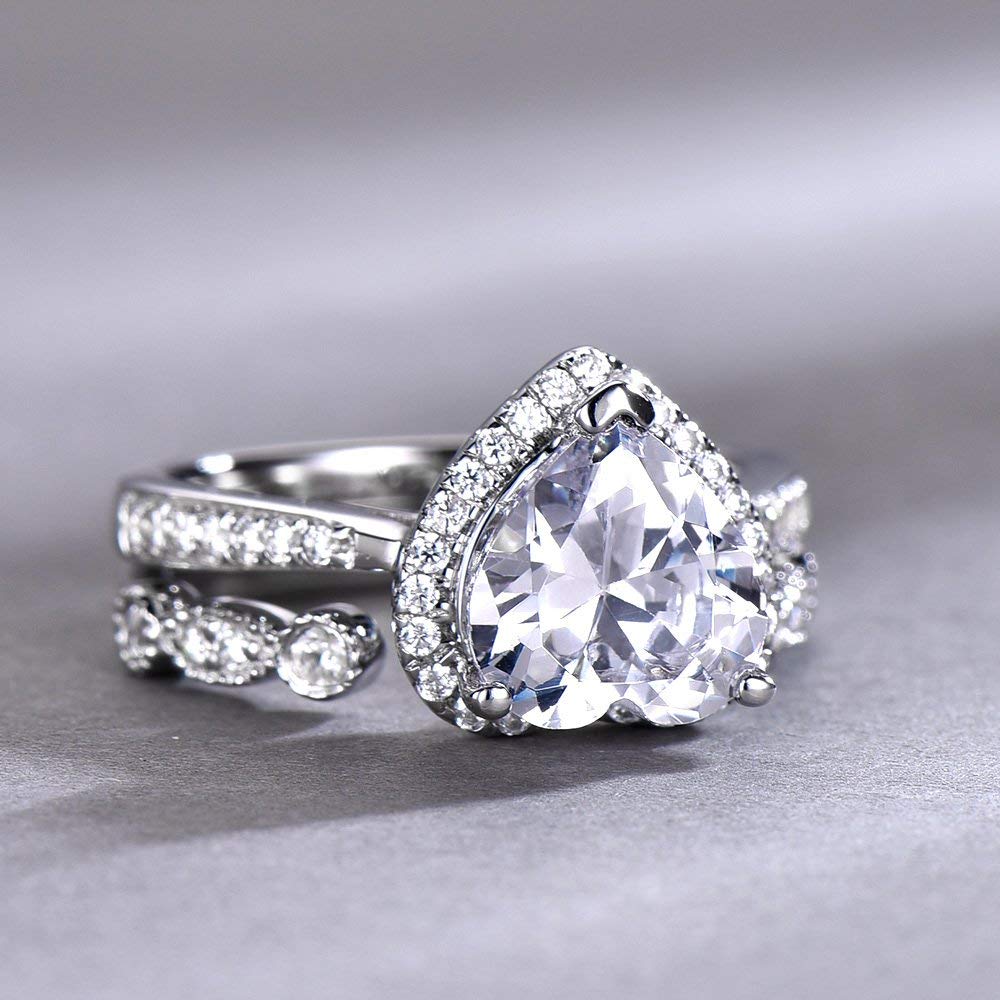 8mm Heart Shaped Engagement Ring Set - CZ Diamond Wedding Ring, Halo Promise Ring, Man Made Diamond Eternity Band in White Gold Plated - Perfect for Proposals, Anniversaries & Romantic Gifts