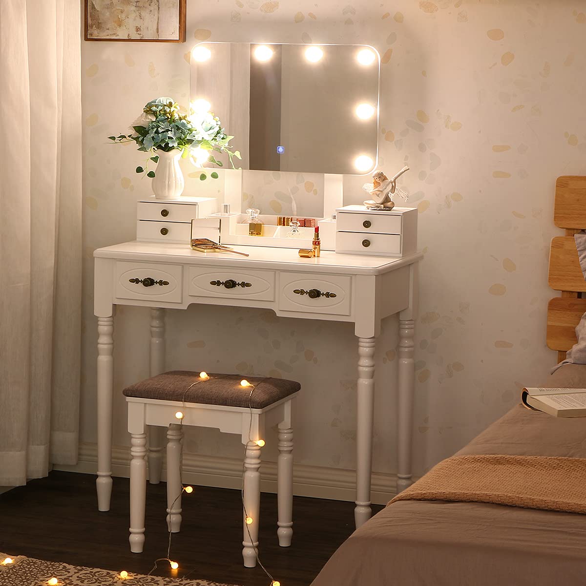 BEWISHOME White Vanity Desk with Mirror and LED Lights - Makeup Vanity Set with 8 Adjustable Bulbs, 3 Color Modes, 7 Drawers & Stool - Modern Dressing Table for Bedroom, Bathroom or Salon (Model FST13W)