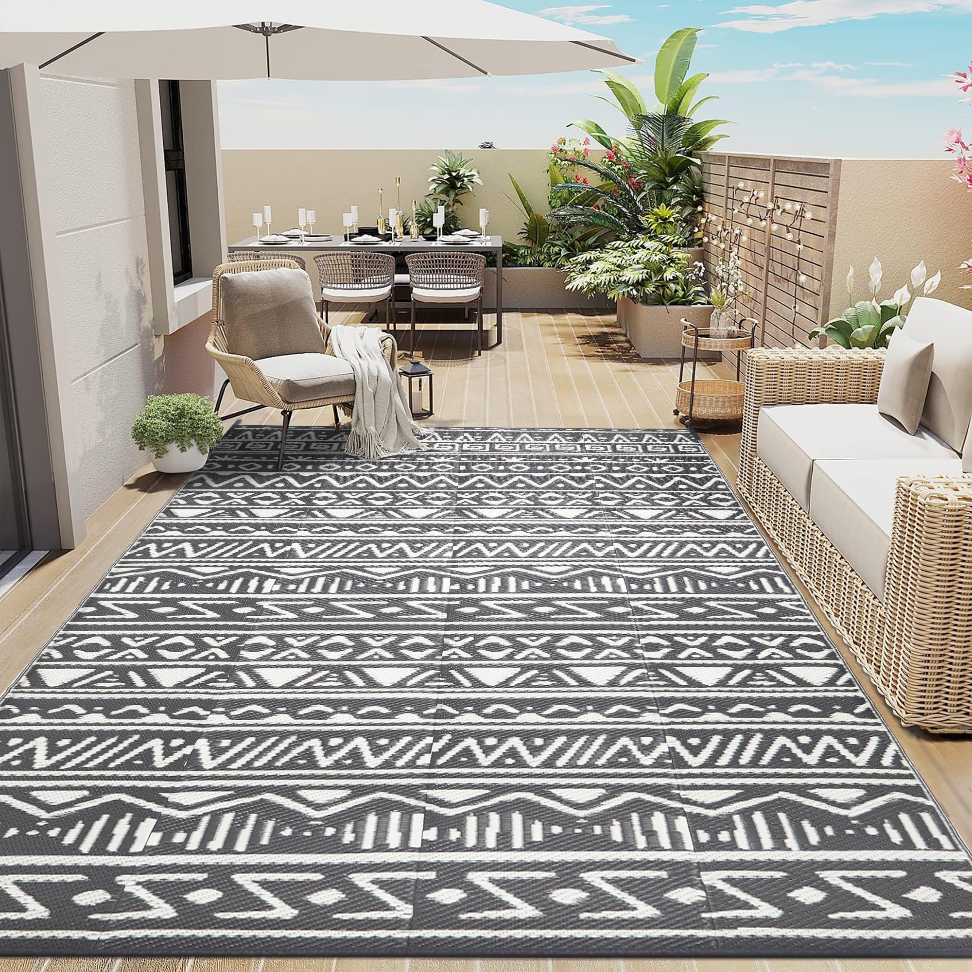 Boho Waterproof Reversible Plastic Straw Rug - 9x12 Outdoor/Indoor Geometric Carpet for Patio, Deck, Balcony, Camping & RV - Gray Washable Large Area Mat | Perfect for Beach, Porch & Outdoor Gatherings