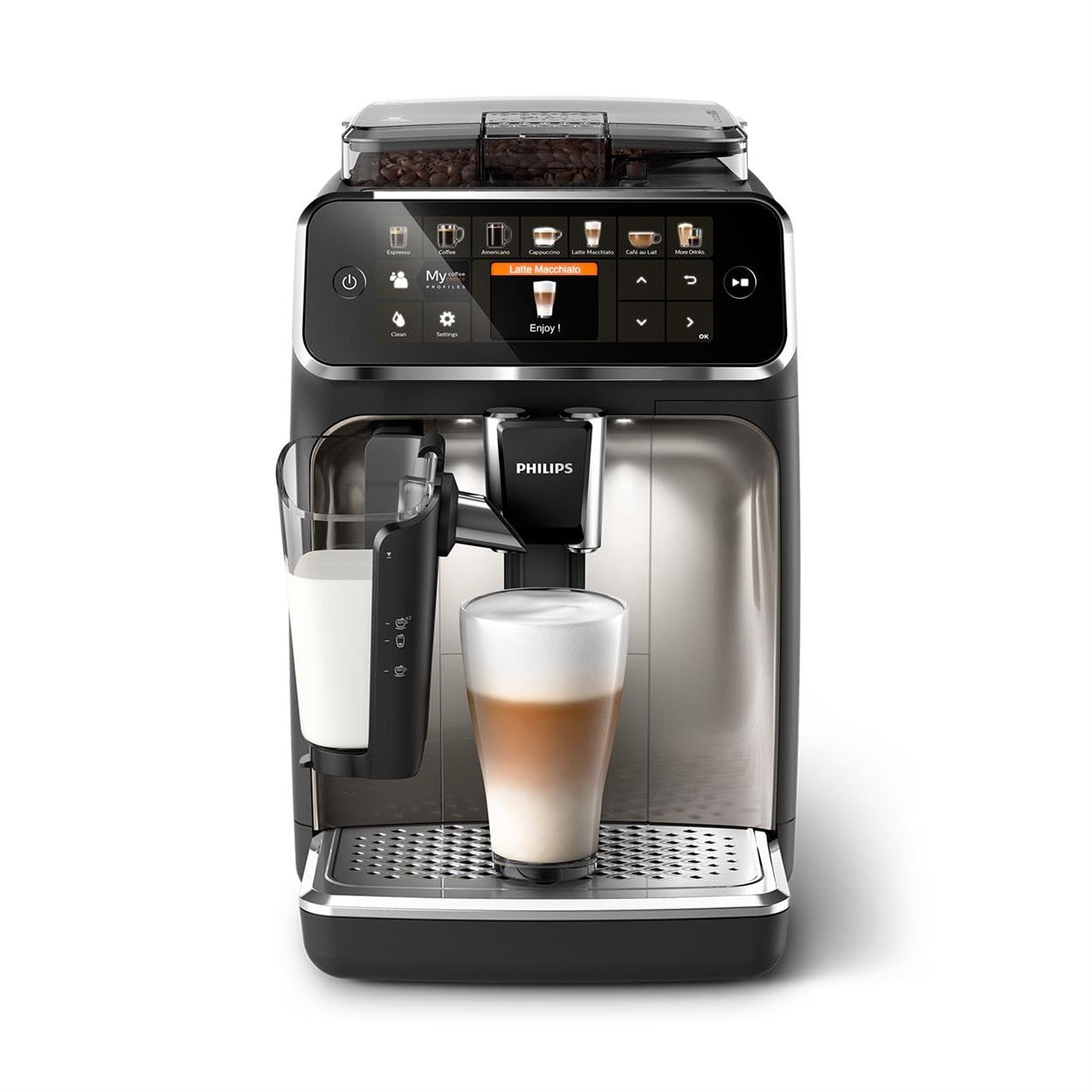 Philips 5400 Series Fully Automatic Espresso Machine with LatteGo Milk System - 12 Coffee Varieties, Intuitive Touch Display, 4 User Profiles, Chrome Finish (EP5447/90) - Perfect for Home Baristas & Coffee Lovers