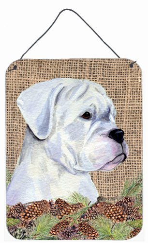 White Boxer Dog on Faux Burlap with Pine Cones Metal Wall Art Sign - 12x16 Inch Rustic Home Decor for Kitchen, Bathroom, Front Door & Bar - Durable Aluminum Hanging Plaque for Farmhouse & Cabin Style Decor