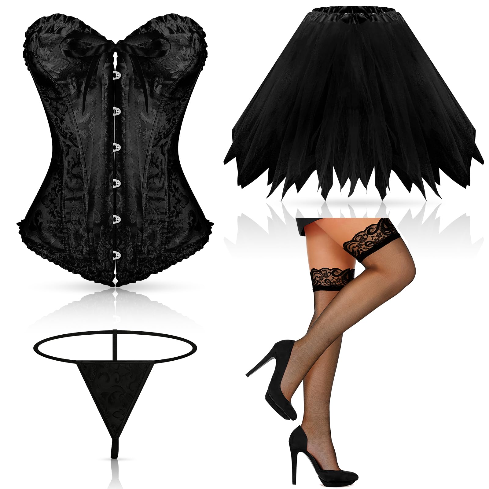 Vintage Halloween Costume for Women - Lace Back Floral Corset, Ballet Tutu Skirt & Lace Stockings Set | Retro Pin-Up Style Burlesque Outfit for Cosplay, Dance Performances & Halloween Parties