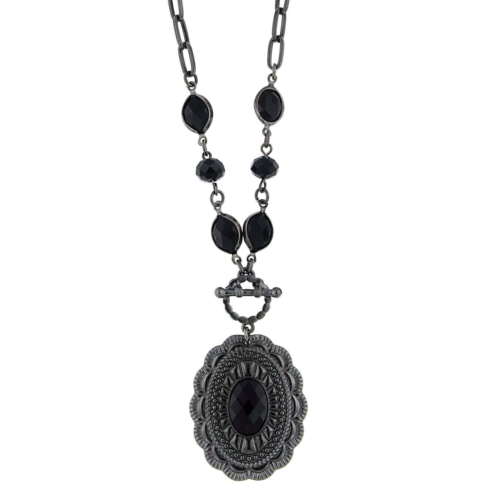 1928 Jewelry Jet Black Stone Pendant Necklace with 18