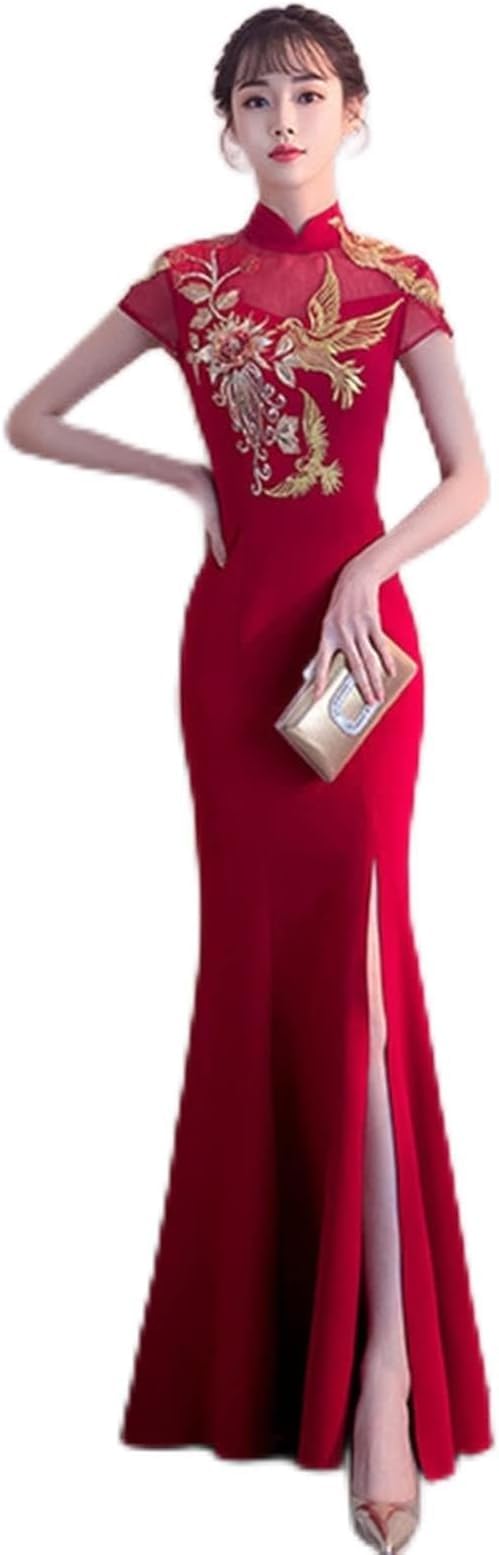 Elegant Red Traditional Chinese Cheongsam Wedding Dress with Embroidery - Bride Qipao Gown for Evening Party & Special Occasions (Color: Red, Size: XL) - Perfect for Weddings, Cultural Events & Formal Celebrations