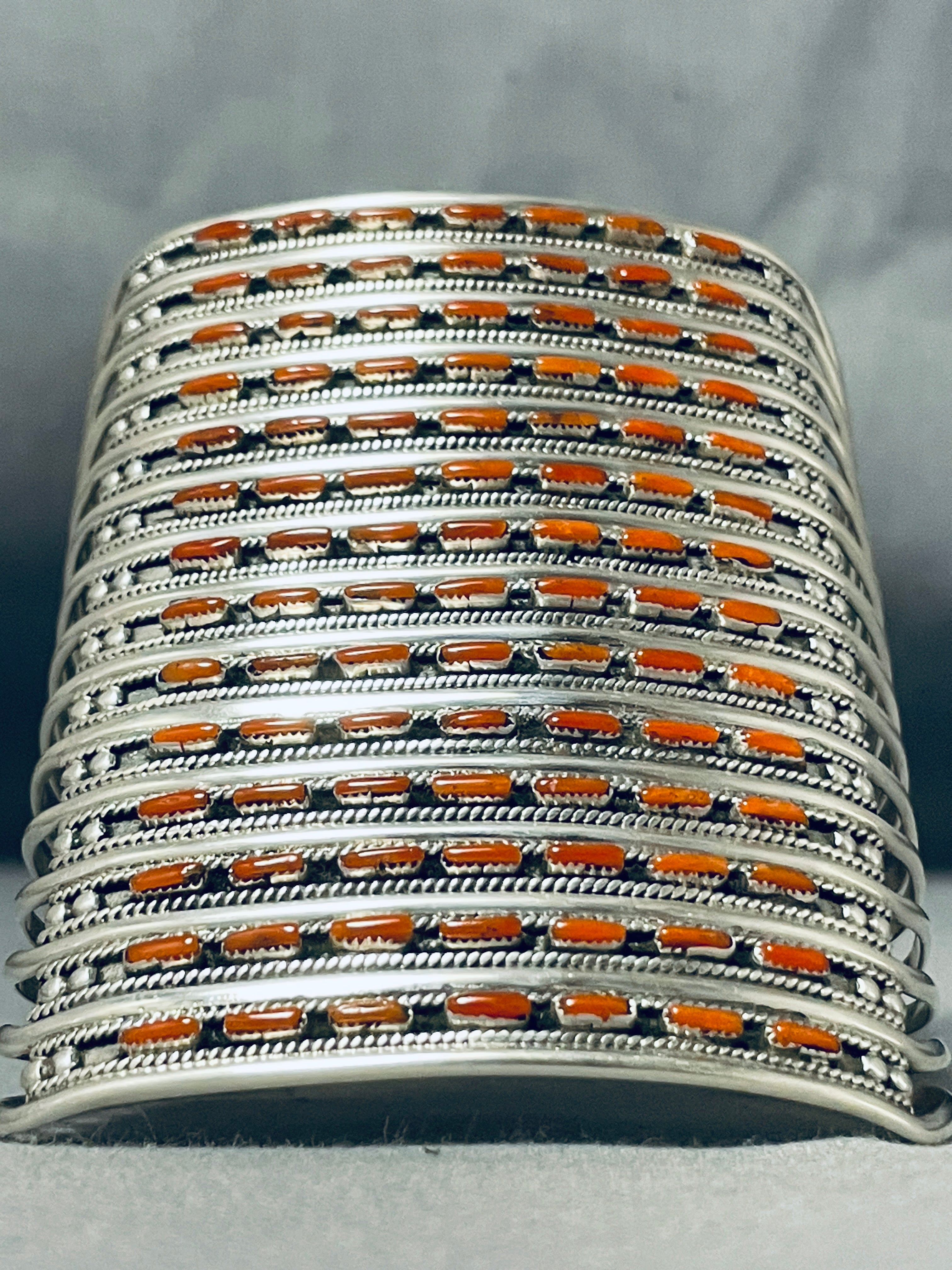 14 Story Tall Coral Native American Zuni Sterling Silver Bracelet - Handmade Southwest Jewelry for Women, Boho Chic Accessories for Festivals & Special Occasions