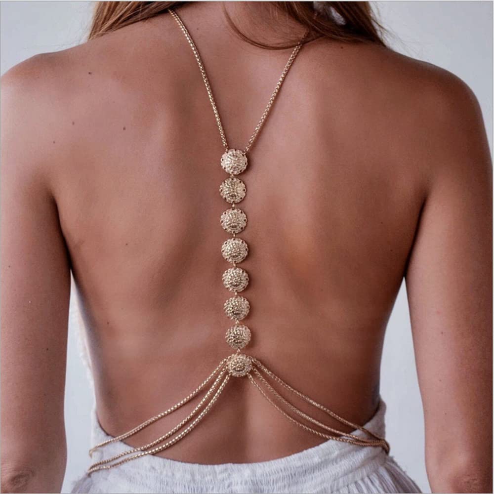 Bohemian Coin Body Chain for Women - Sexy Layered Back Necklace Jewelry - Bikini Harness Accessories for Beach, Festival & Summer Outfits