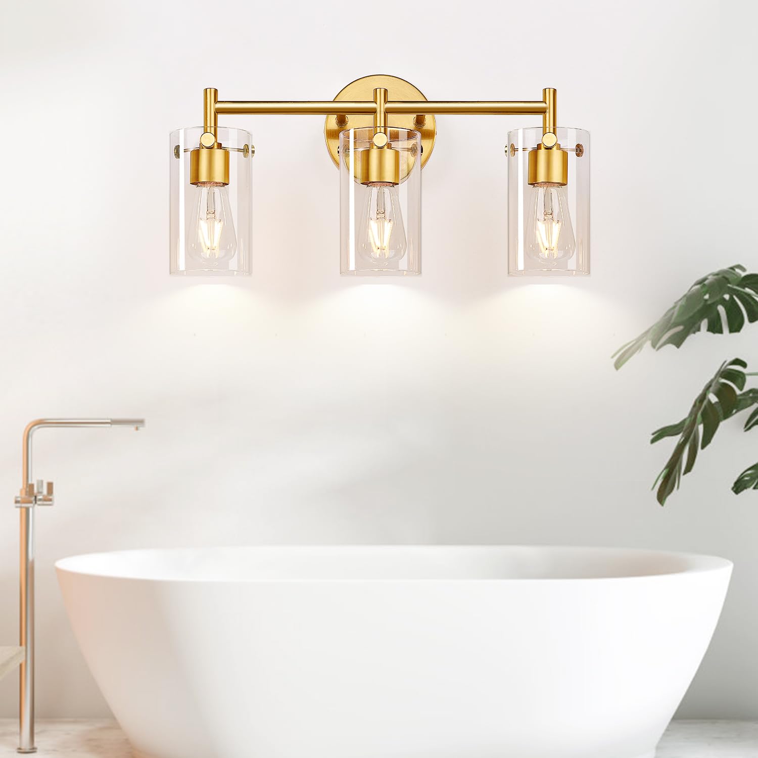 2023 Upgraded 3-Light Brushed Gold Bathroom Vanity Light with Clear Glass Shade - Modern Gold Bathroom Lighting Fixtures for Mirror, Bedroom, Living Room & Hallway - Perfect for Home Decor and Ambient Lighting