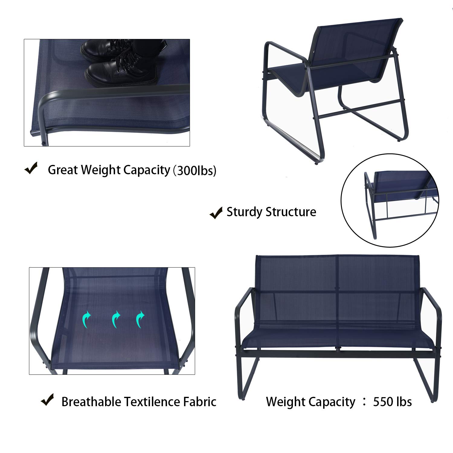 Kozyard Sofia 4-Piece Outdoor Patio Furniture Set - Powder Coated Metal Frame with 1 Loveseat, 2 Chairs & Table for Porch, Balcony, Backyard (Navy Blue) - Perfect for Relaxing, Entertaining & Outdoor Dining