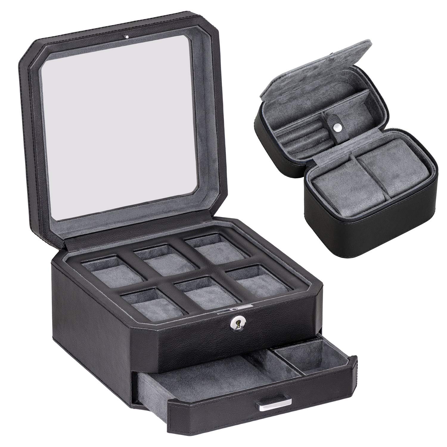 Premium ROTHWELL 6-Slot Leather Watch Box with 2 Travel Cases - Luxury Watch Organizer with Microsuede Lining & Locking Glass Top for Men's Jewelry Storage (Black/Grey Gift Set) - Perfect for Home Display, Travel Protection & Watch Collection Organization
