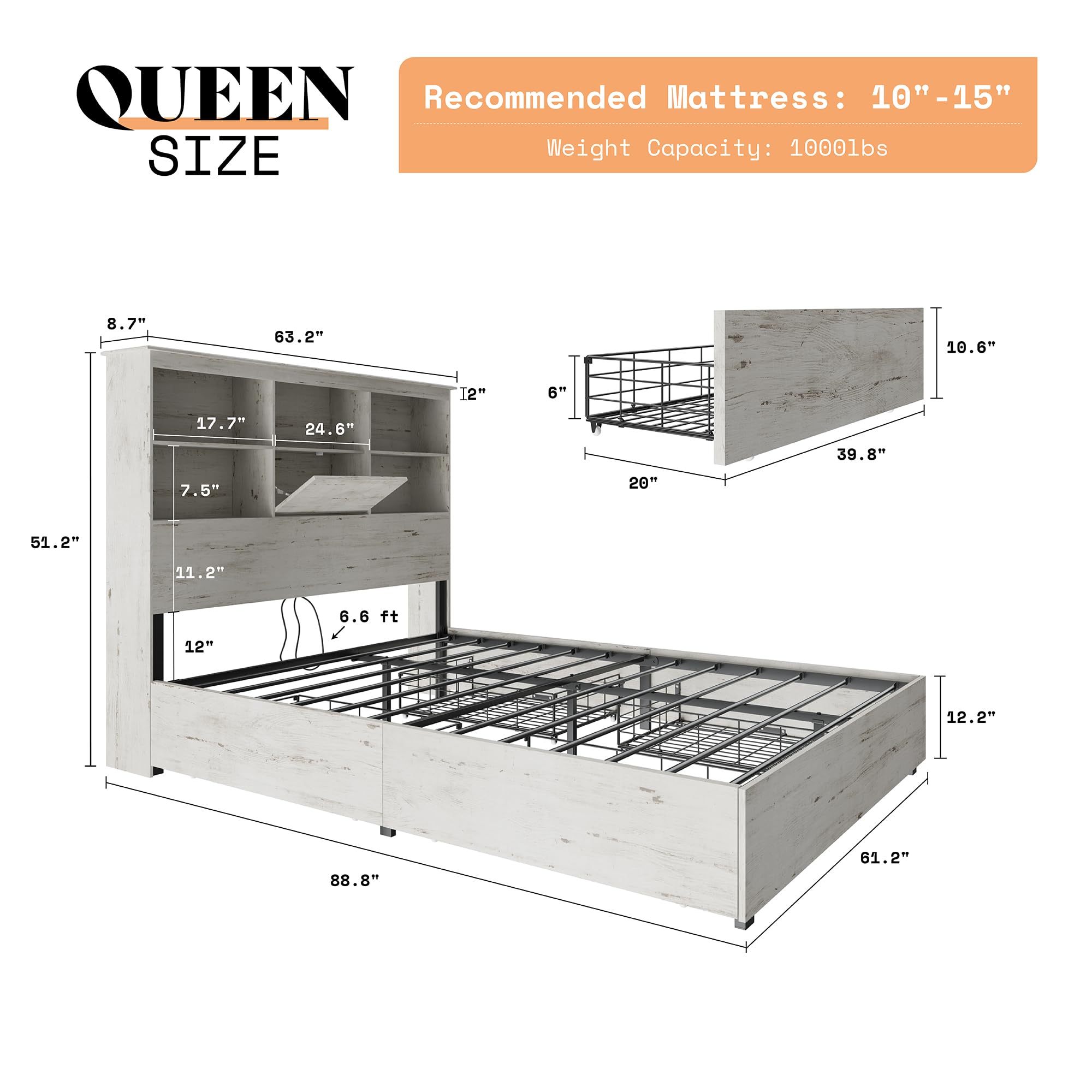 AMERLIFE Queen Size Wooden Platform Bed Frame with LED Storage Headboard - 4 Drawers, USB Charging Station, No Box Spring Needed, Noise Free, Distressed White - Perfect for Small Bedrooms & Modern Apartments