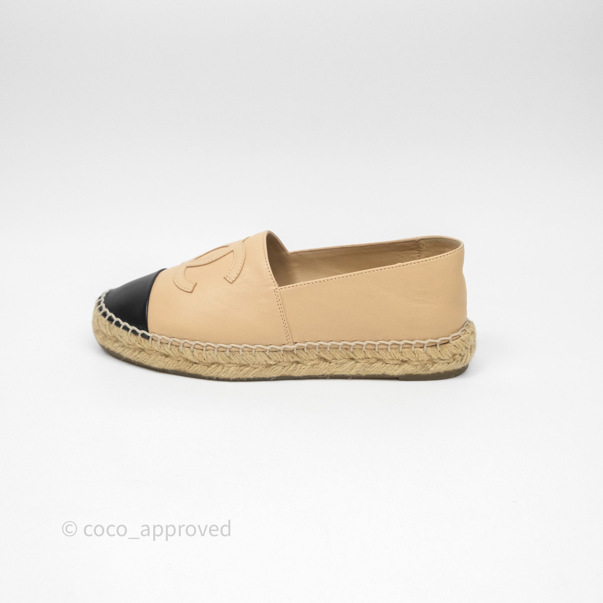 Chanel CC Logo Espadrilles in Beige & Black Lambskin - Women's Size 36 | Comfortable Luxury Flats for Casual Outings & Summer Fashion