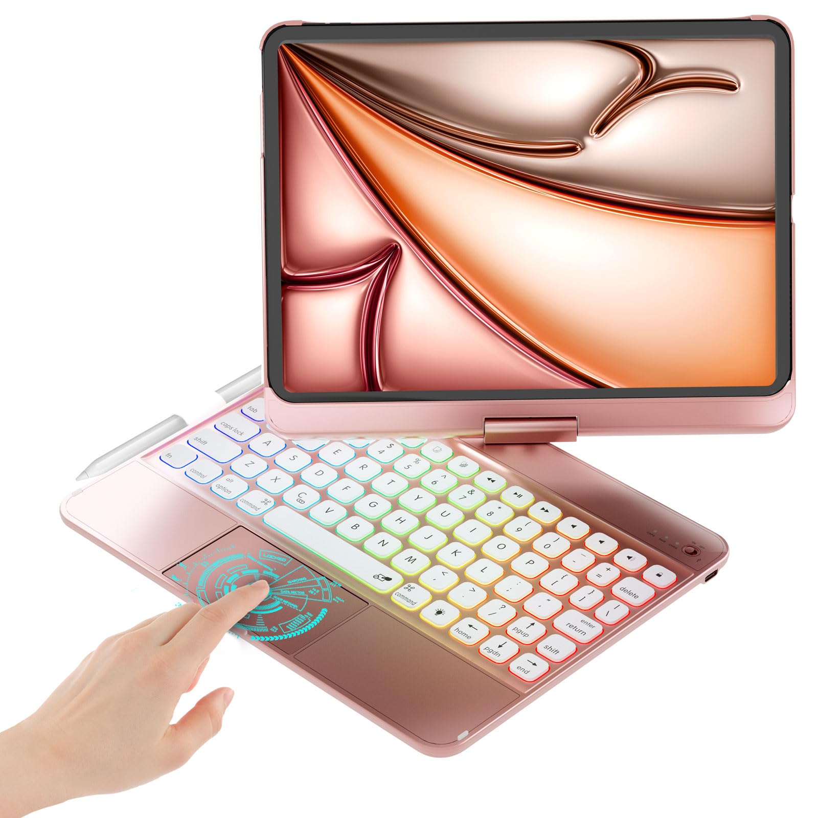 BABG iPad Air 11 (M2, 2024) & iPad Pro 11 Case with 360° Swivel Stand, Backlit Keyboard & Multi-Trackpad - Rose Gold - Perfect for Work, Study & Travel