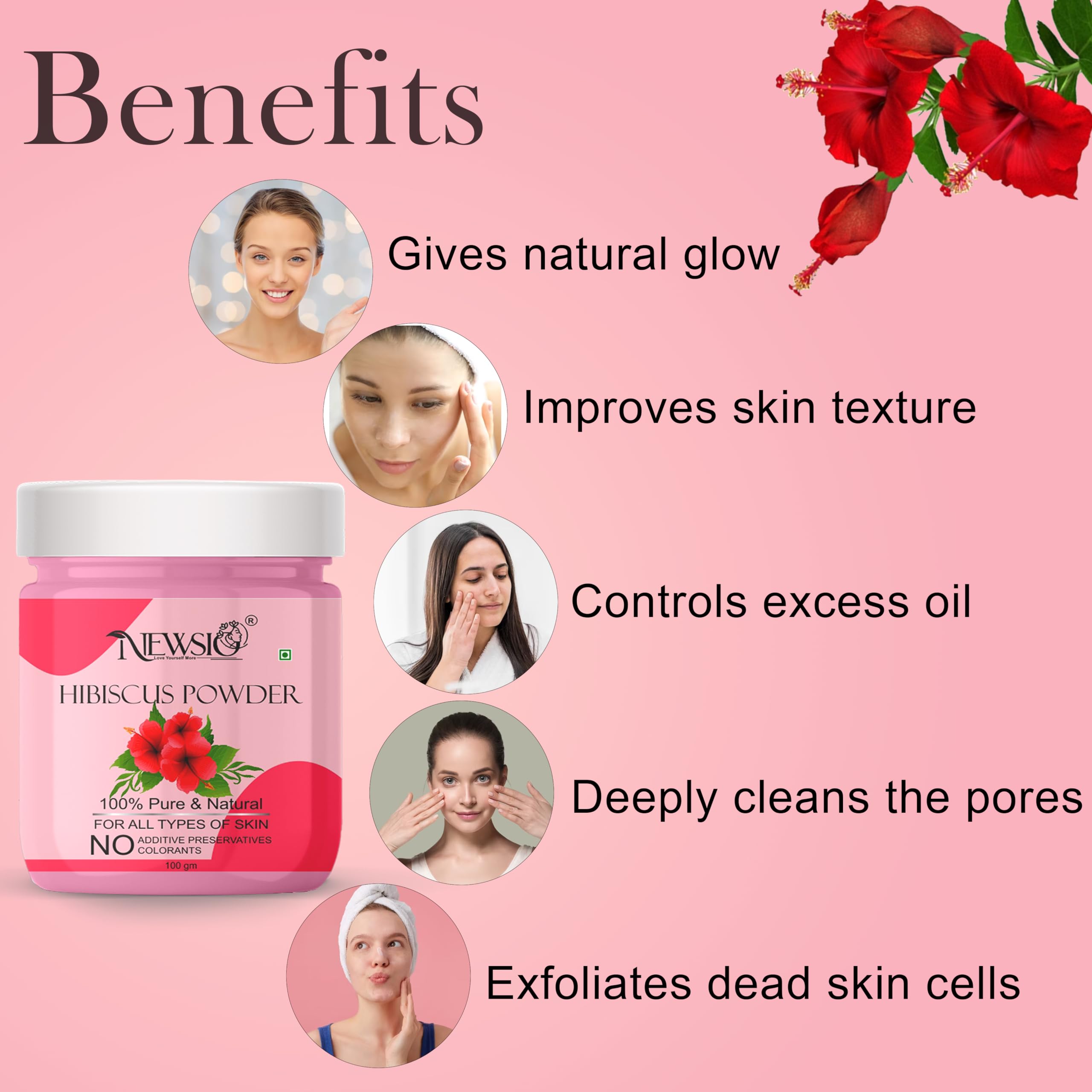 Pure Hibiscus Powder for Spotless Skin - Deep Cleaning, Exfoliating & Detoxifying Facial Treatment (100g Jar) - Perfect for DIY Face Masks & Natural Skincare Routine