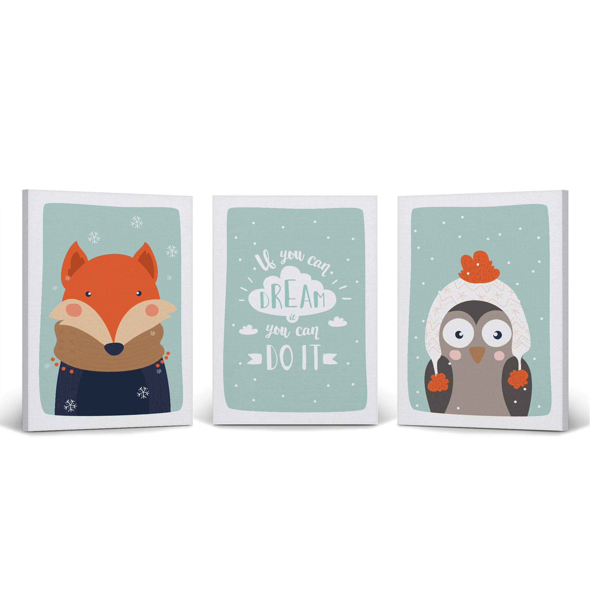 Cute Fox Owl Winter Theme Canvas Print Set - 3 Piece Turquoise Wall Art for Kids Room Decor, Baby Boy & Girl Nursery, Ready to Hang (22x15 inches) | Made in USA | Perfect for Bedroom, Playroom & Gift Giving