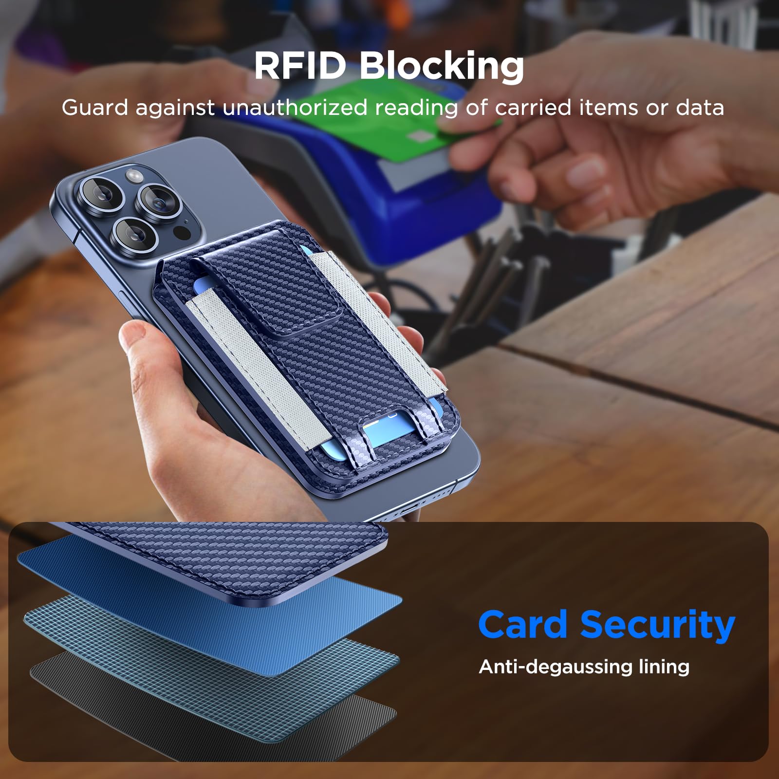 Miracase Magnetic Wallet for iPhone 16/15/14/13/12 Series - Slim RFID Blocking Card Holder with Adjustable Stand & Safety Flap | 6-8 Card Capacity | Compatible with MagSafe | Blue Carbon Fiber Design | Perfect for Daily Use, Travel & Business Meetings
