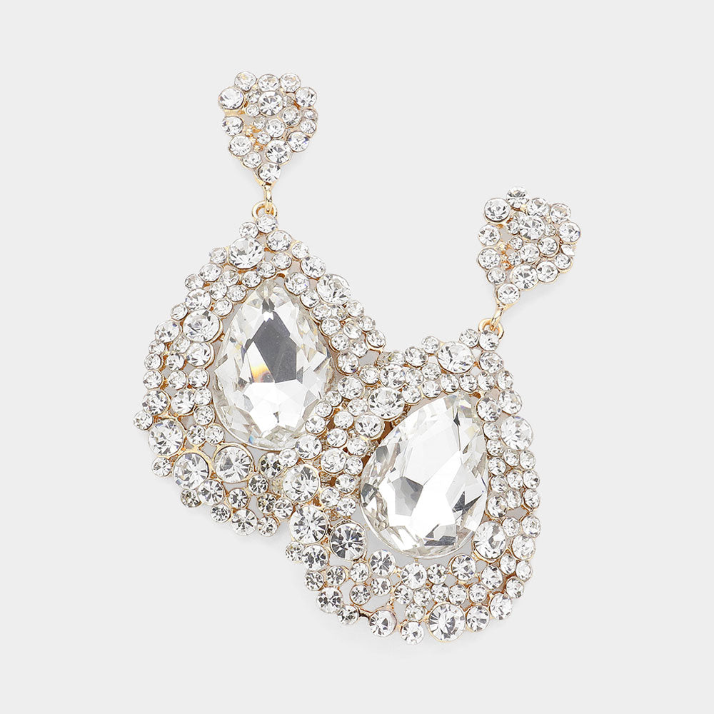 Large Crystal Earrings in Gold - Elegant Chunky Pageant Earrings (H2027) | Perfect for Weddings, Parties & Special Occasions