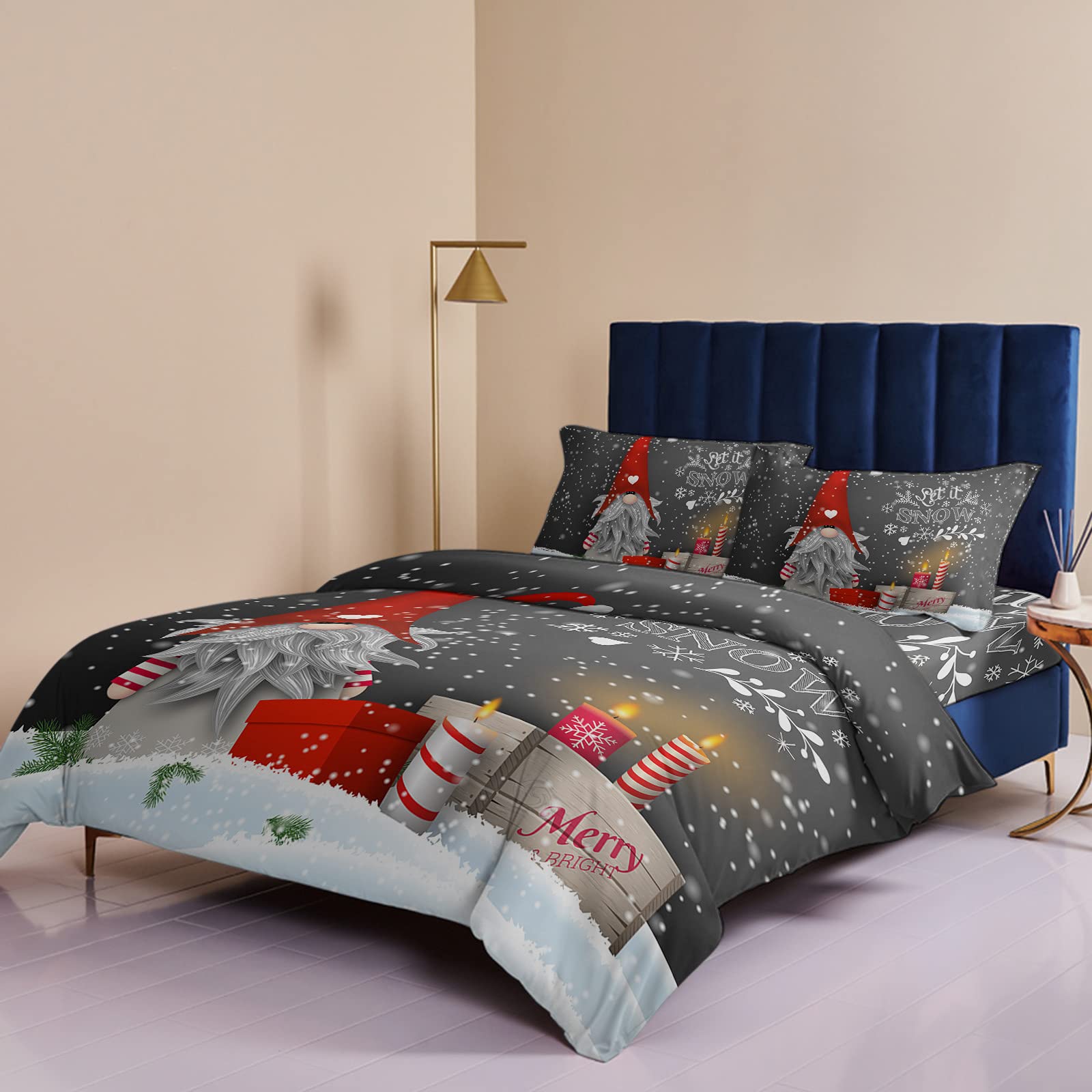 California King Duvet Cover Set 4-Piece - Christmas Gnome with Candle Winter Design, Ultra Soft Breathable Comforter Cover with Flat Sheet & 2 Decorative Pillow Shams - Snowflake White Bedding for Cozy Winter Nights