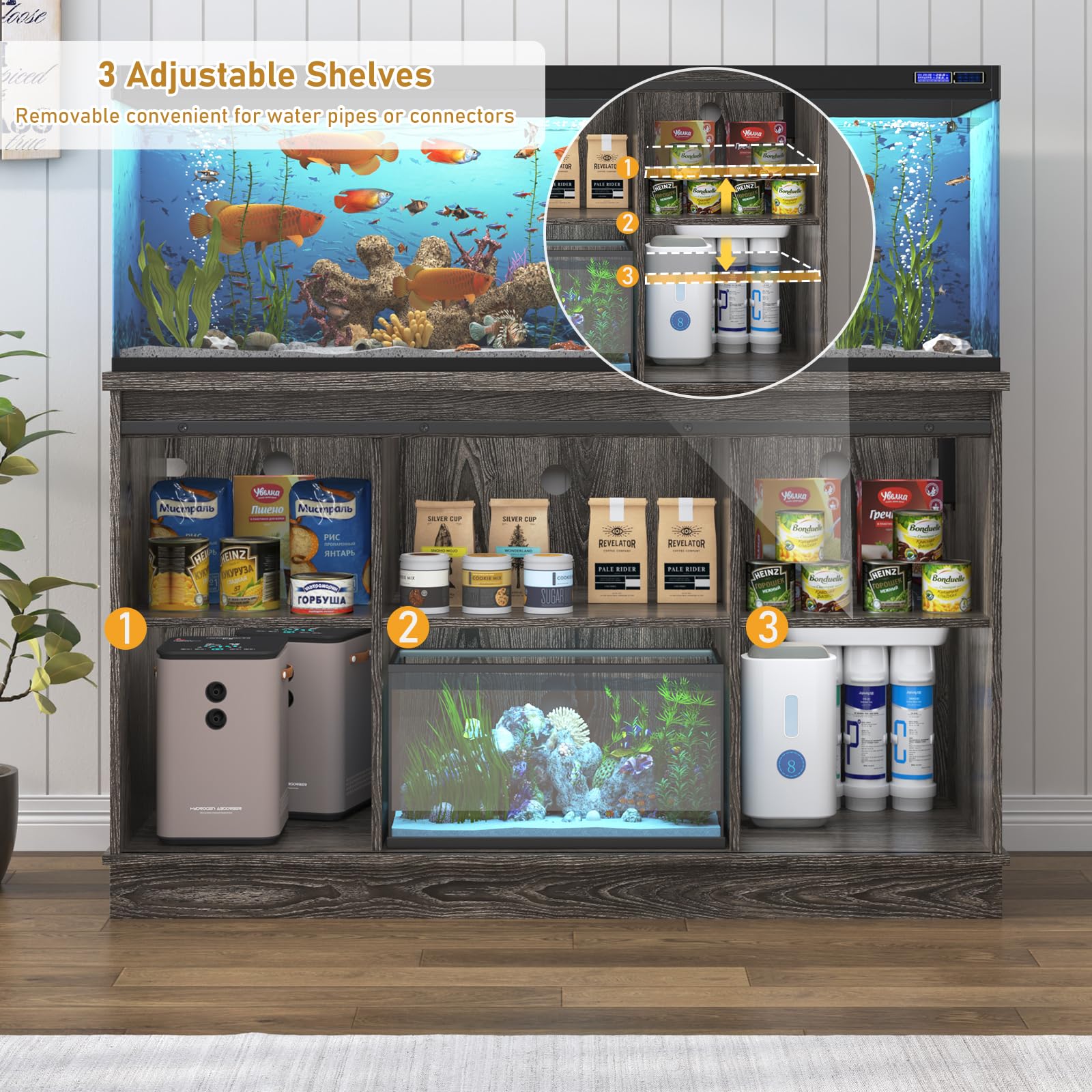 Heavy Duty 55-75 Gallon Fish Tank Stand with Power Outlet & Sliding Barn Door - Sturdy Aquarium Cabinet for Reptile Terrariums, Turtle Tanks or Multiple Aquariums - Farmhouse Style Grey Wooden Stand for Living Room, Office or Home Decor