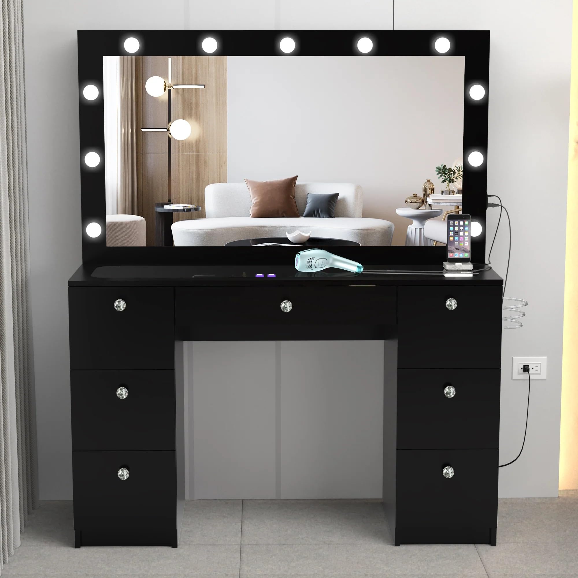 Boahaus Yara Large Makeup Vanity Desk with Hollywood Lights & 7 Drawers - USB Type-C/A Ports, 110V Outlet, Hair Dryer Hanger - Glass Top & Crystal Knobs - Black Finish for Bedroom, Dressing Room & Beauty Salon