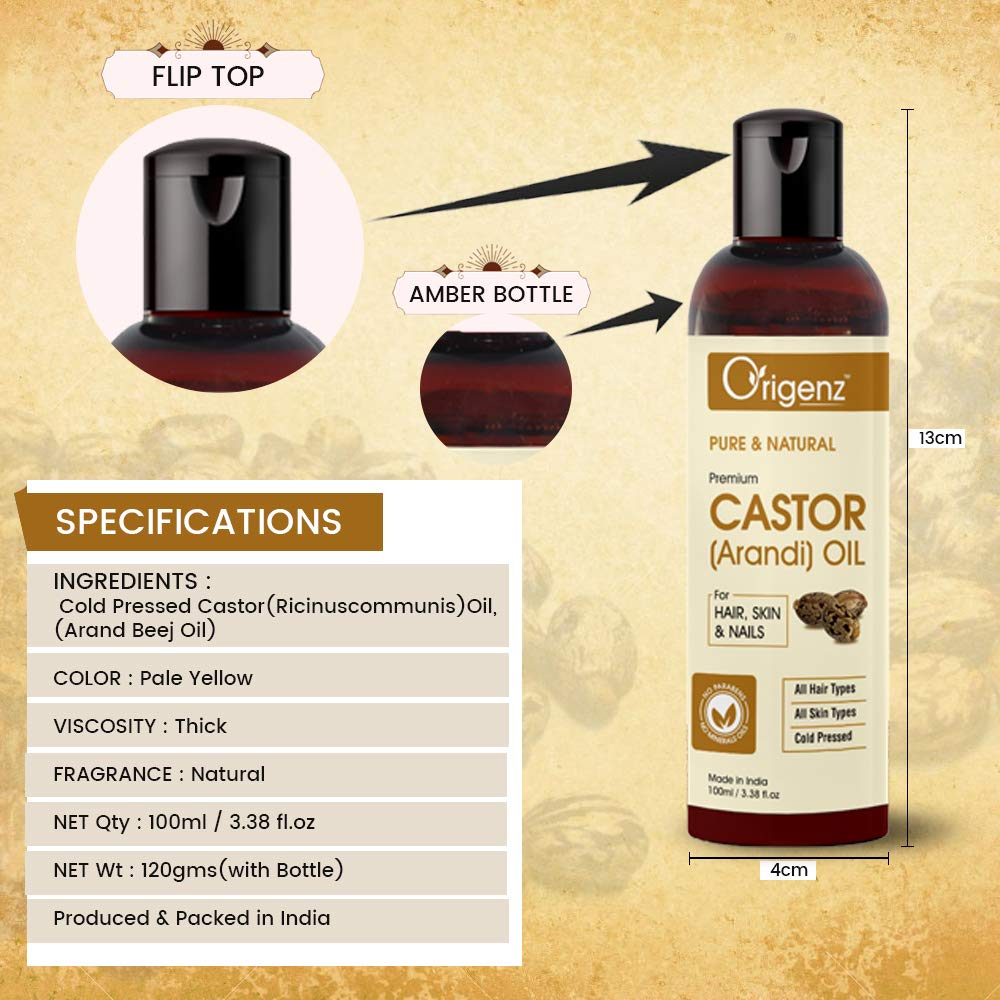 Origenz 100% Pure Cold Pressed Castor Oil for Hair Growth, Skin Moisturizer, Eyelash & Eyebrow Enhancer | 3.38 oz (100ml) Natural Treatment for Face, Nails & Belly Button | Perfect for DIY Beauty, Hair Care & Massage Therapy