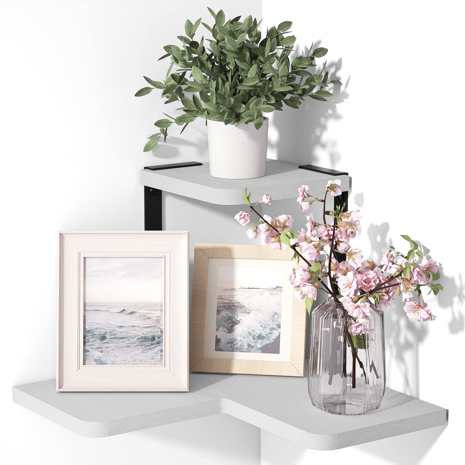 Rustic Wood Corner Shelf Wall Mounted - White Floating Shelf for Bedroom, Living Room, Kitchen | Perfect for Home Decor, Storage & Displaying Plants, Photos, Books