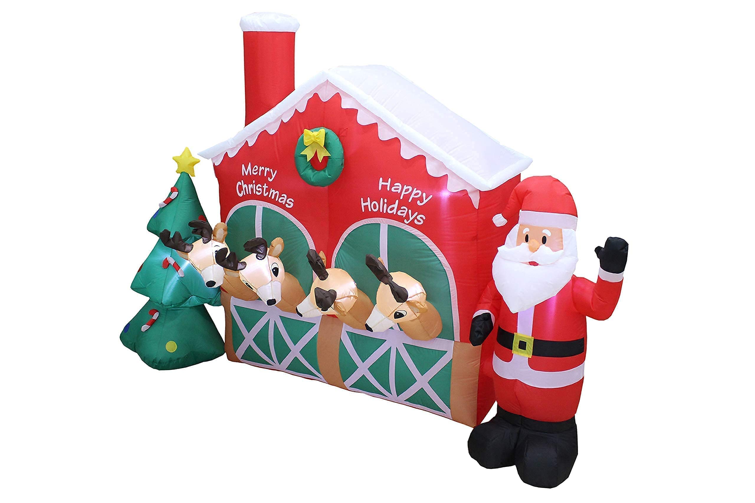 9ft Inflatable Santa Claus Reindeer & Christmas Tree Decorations + 6ft Happy Birthday Cake with Candles - Outdoor Christmas & Birthday Party Decor Bundle for Yard, Garden, and Holiday Celebrations