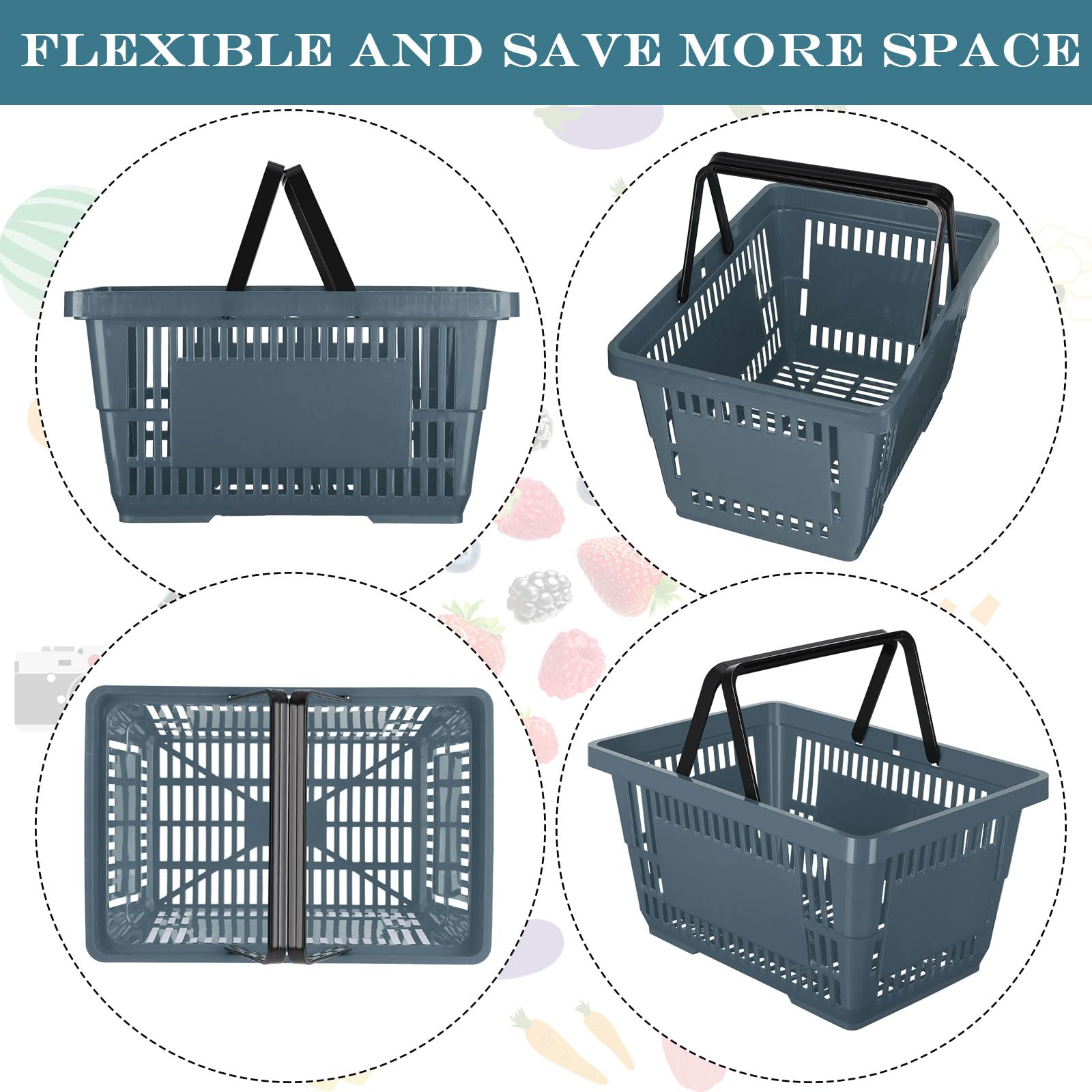 Macarrie 20-Pack Plastic Grocery Baskets with Handles - 16.9 x 11.8 x 9 Inch Bulk Shopping Baskets for Retail Stores, Supermarkets & Home Organization (Dark Gray) - Perfect for Grocery Shopping, Retail Displays & Pantry Storage