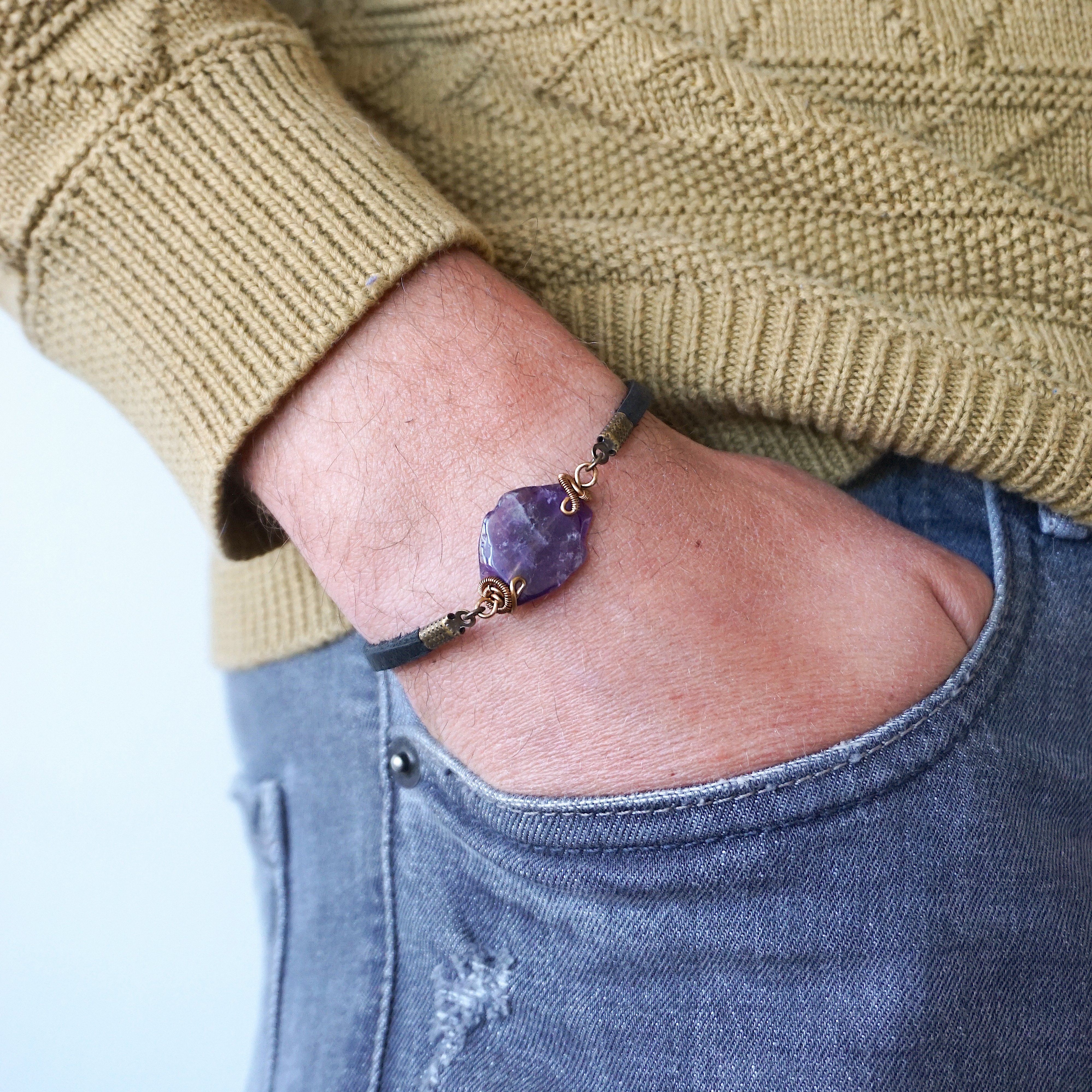 Amethyst Black Leather Bracelet for Women – Handmade Adjustable Crystal Healing Jewelry for Meditation, Yoga & Spiritual Gifts