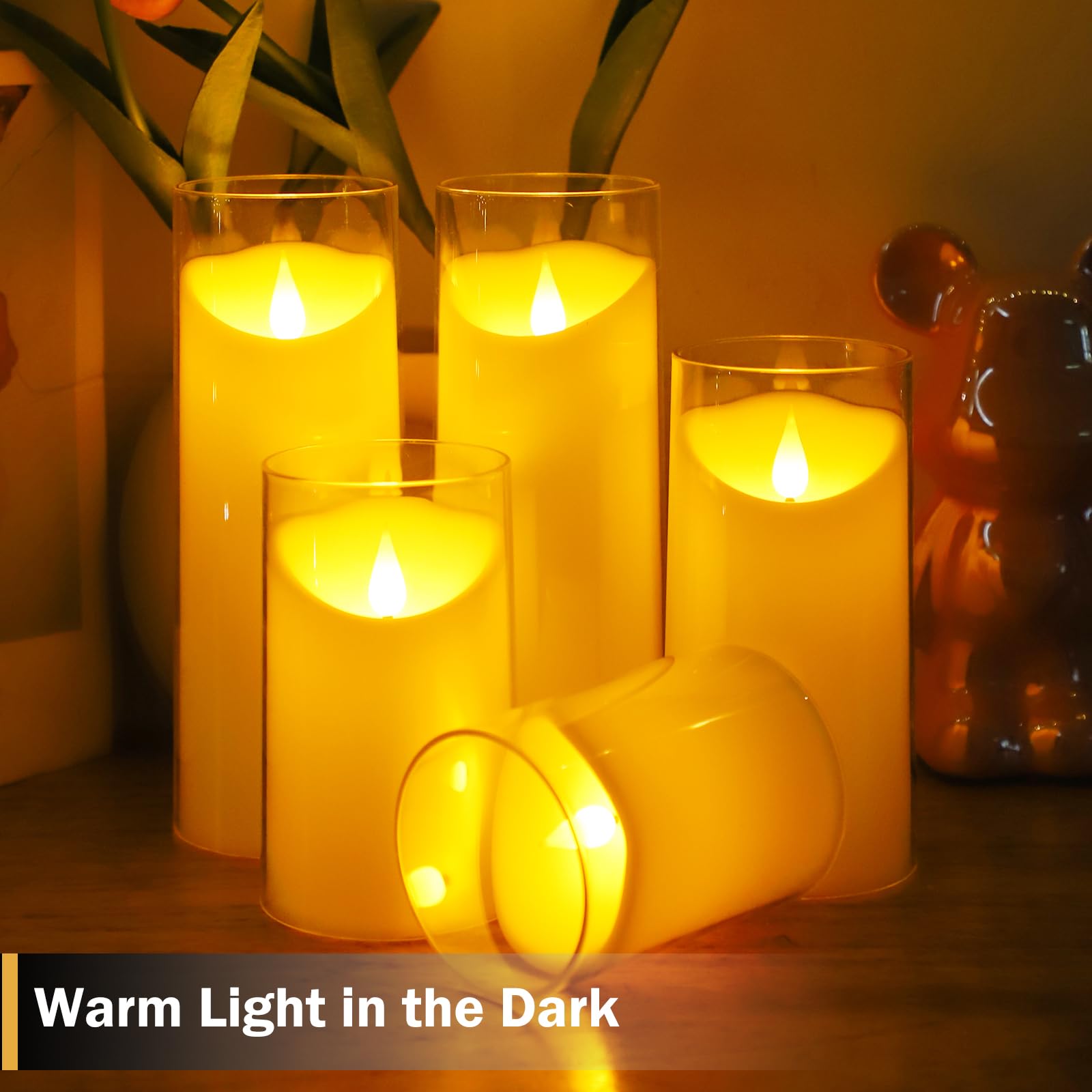 Battery Operated LED Flameless Pillar Candles Set of 5 with Remote & Timer - Ivory Plexiglass Flickering Candles (3