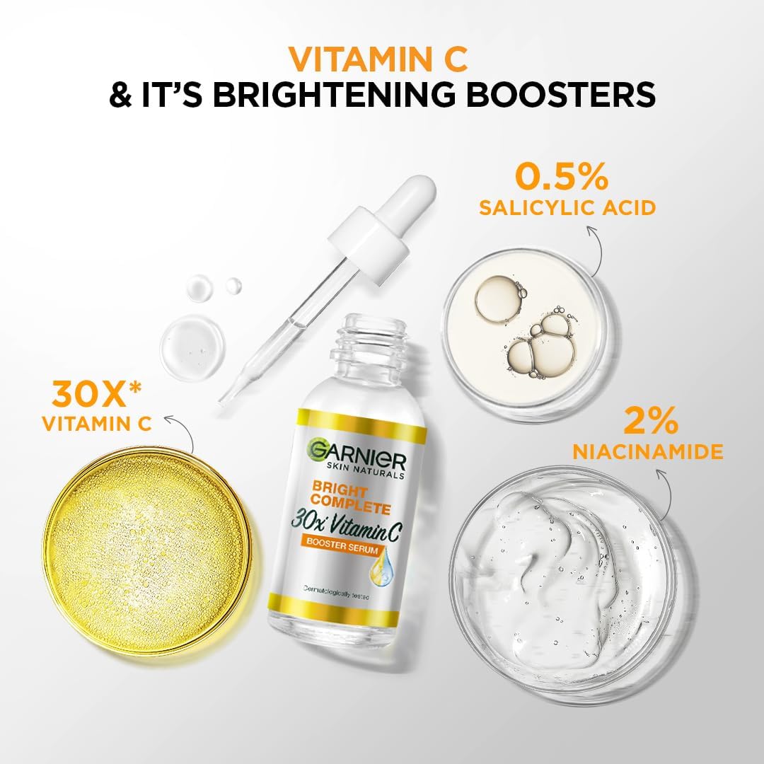 Garnier Bright Complete Vitamin C Face Serum 15ml + UV Serum Cream 23g + Vitamin C Gel Facewash 50g - 3-Piece Skincare Set for Glowing Skin (88g) | Brightening, Sun Protection & Cleansing Routine for Day & Night Use