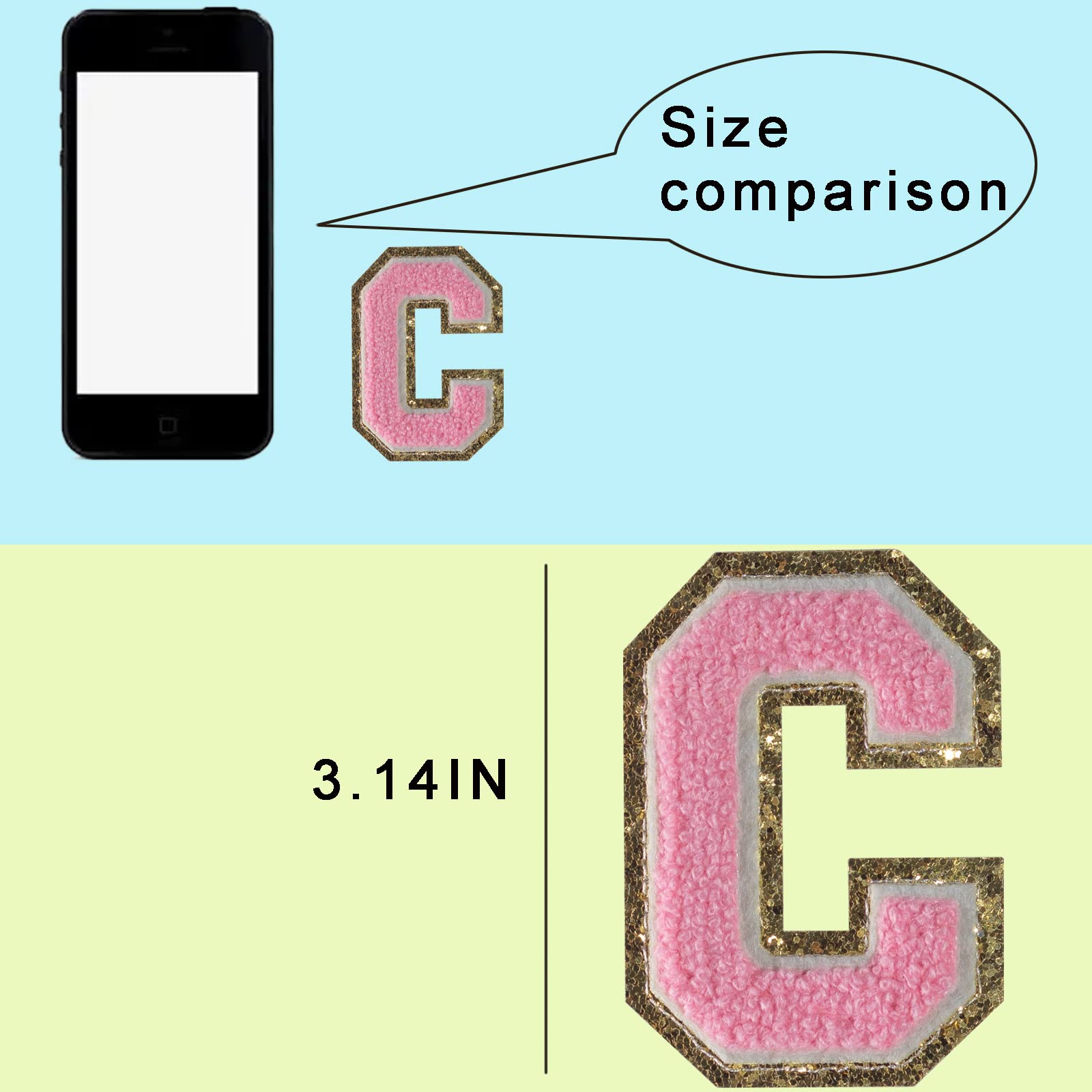 6 PCS Pink Gold Glitter Chenille Letter Patches - Embroidered Iron On Letters for Hats, Shirts, Shoes, Jeans & Bags (3.1in Height Letter C) - Perfect for DIY Crafts, Custom Apparel & Personalized Gifts