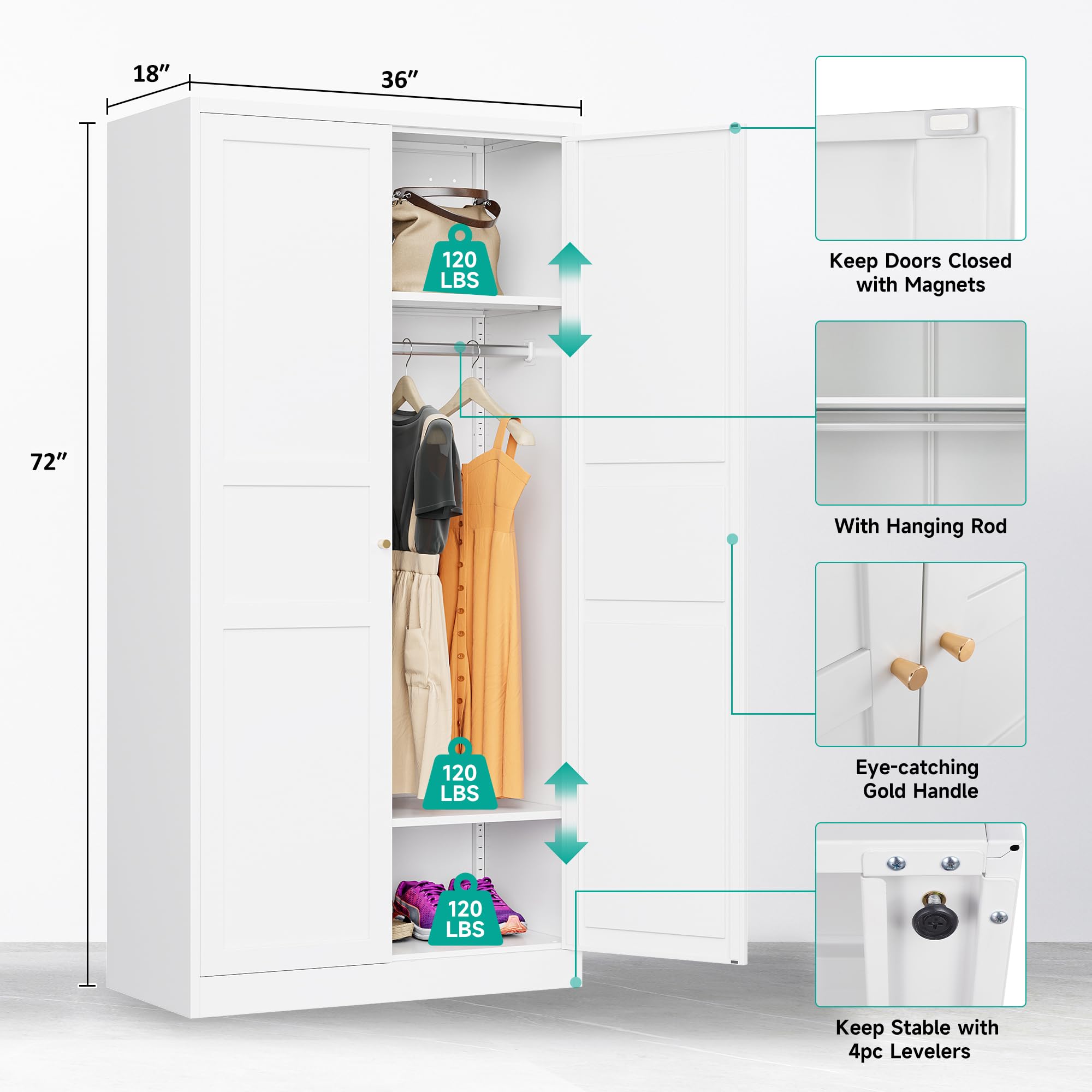 White Metal Armoire Wardrobe Closet with Doors - 72