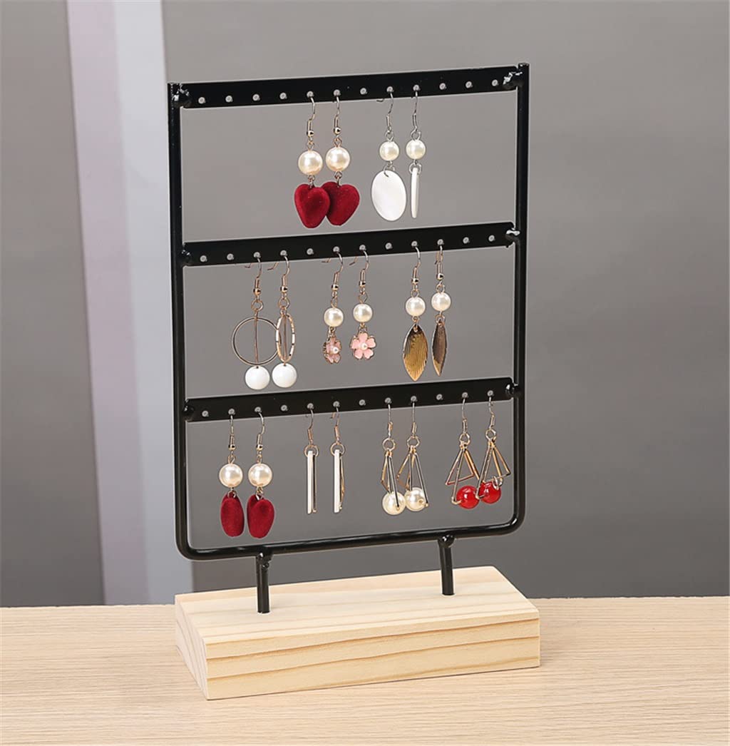 Stylish Metal Earring Holder with Natural Wood Base - Jewelry Display Stand & Organizer for Earrings & Pendants (25 x 15 x 7cm, Black) - Perfect for Bedroom Vanity, Boutique Store Display & Travel Jewelry Storage