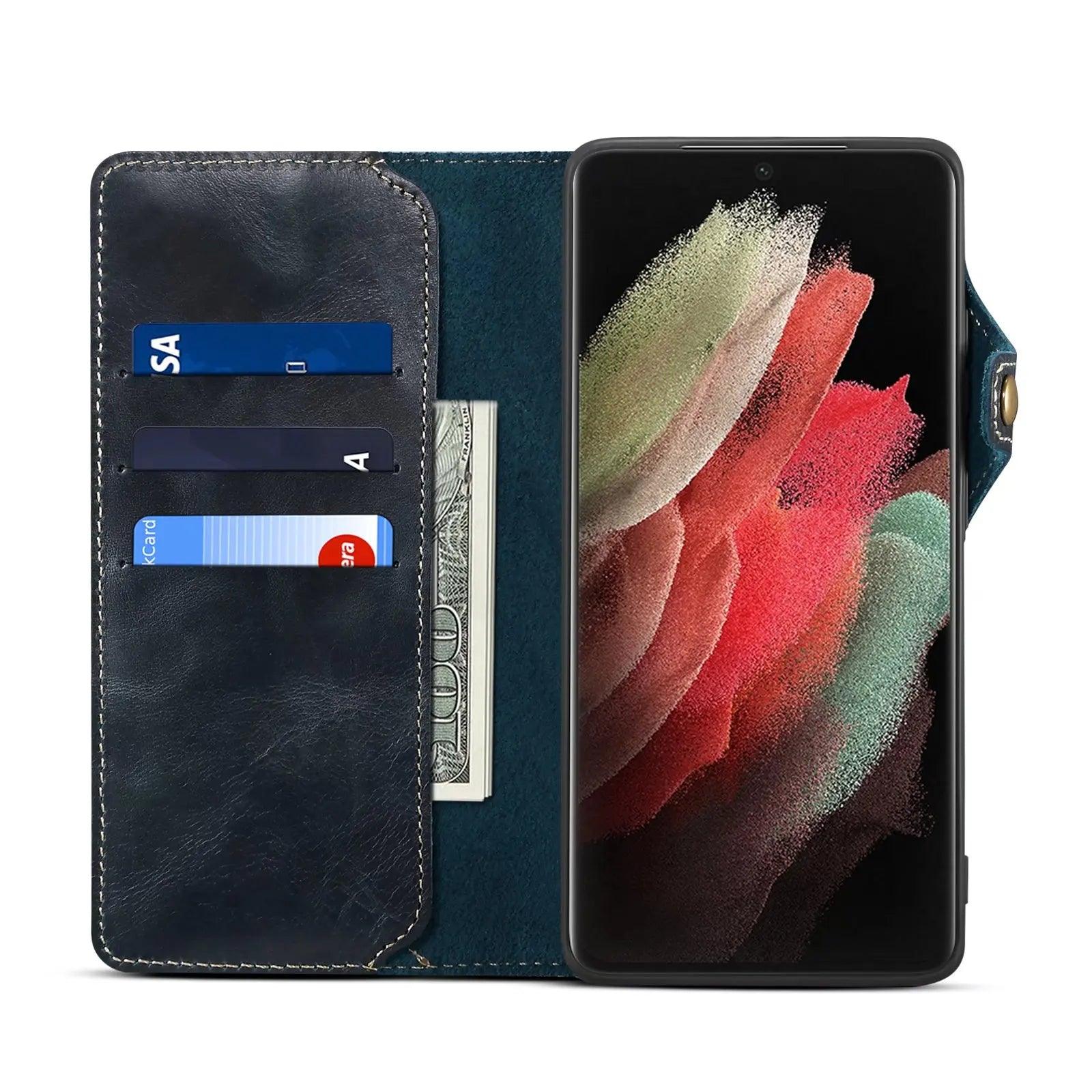 Premium Galaxy S24 Genuine Cowhide Leather Wallet Case - Slim Protective Cover with Card Slots for Daily Use & Travel