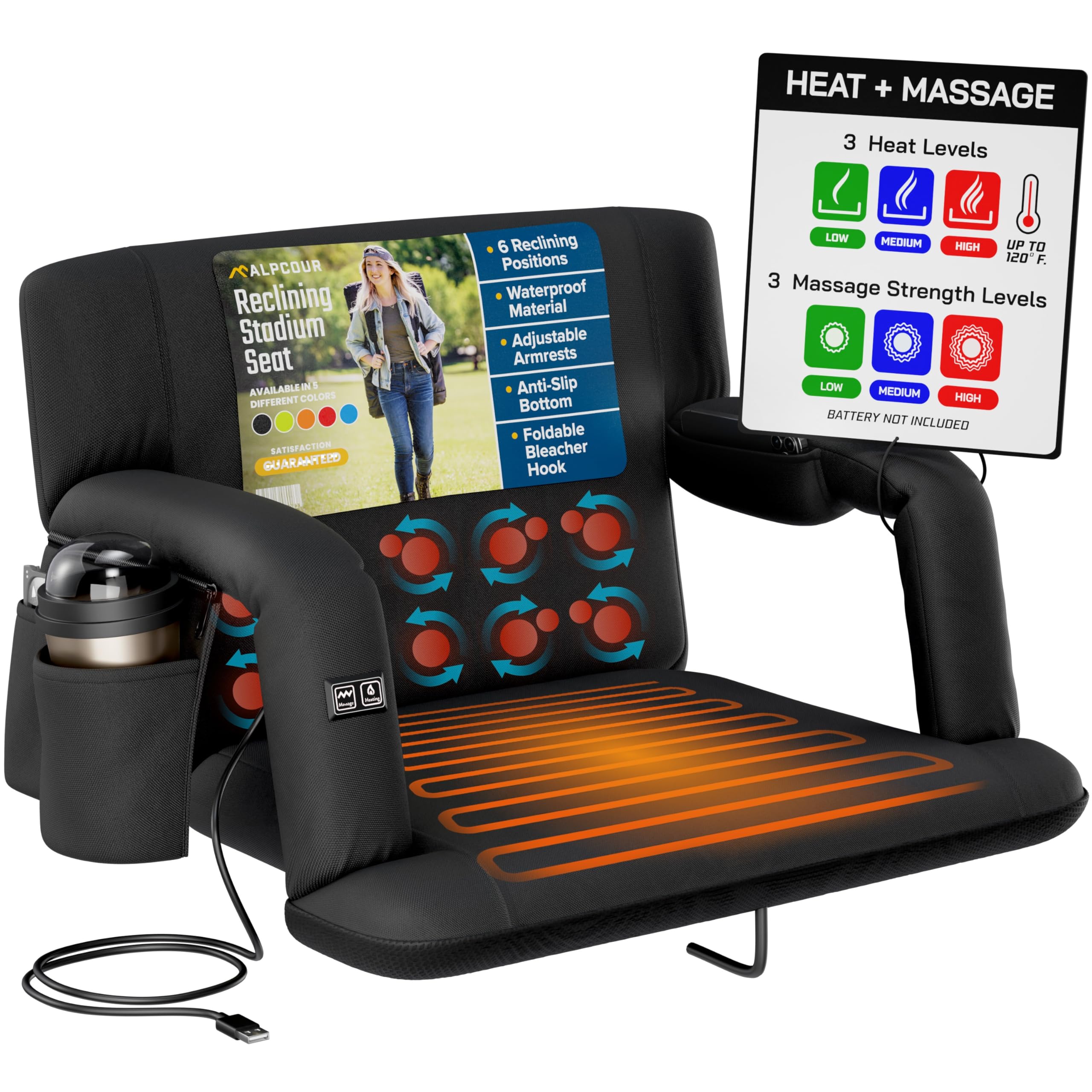 Alpcour Heating Massage Stadium Seat - Extra-Wide Reclining Bleacher Chair with Back & Arm Support - Built-in Heater & Massager - Lightweight Waterproof Seat Cushion for Football, Baseball, Soccer Games & Outdoor Events