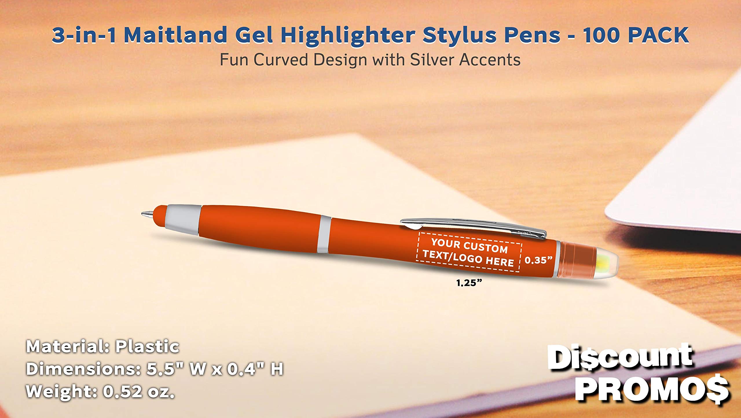 Personalized Smooth Writing Maitland Gel Highlighter Stylus Pens - 100 Pack Bulk Set - Custom Text & Logo - Orange Highlighters for Office, School, Note Taking & Book Marking