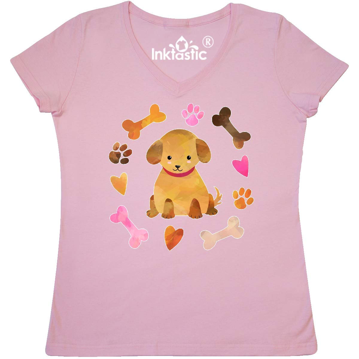 Inktastic Cute Puppy Valentine with Hearts and Bones Women's V-Neck T-Shirt - Perfect for Valentine's Day Gifts, Casual Wear & Dog Lover Outfits
