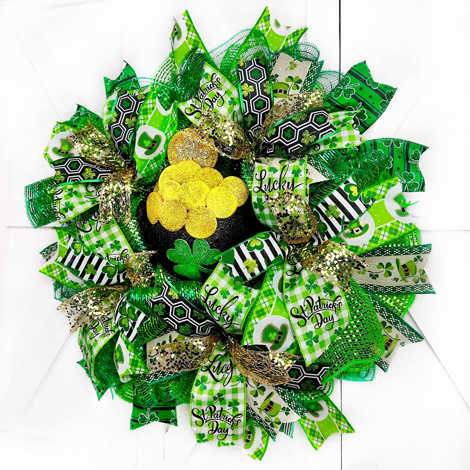 18x18x6 Inch St. Patrick's Day Wreath with Leprechaun & Clover Ribbon - Gold Pot Decor for Irish Holiday Door Hanging - Perfect for Home, Office, and Party Decorations