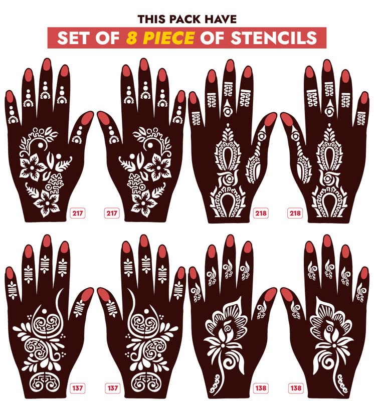 APCUTE Mehndi Stencil Paper Full Hand Set - 8 Pcs for Both Hands | Easy-to-Use Henna Tattoo Templates for Girls, Women & Kids | Trendy Mehandi Design Stickers (217-218-137-138) | Perfect for Weddings, Festivals & DIY Body Art