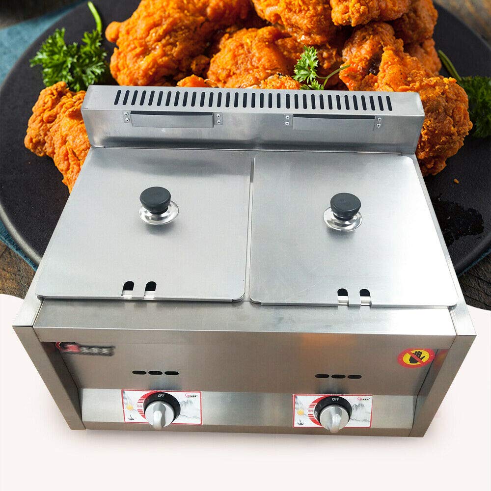 12L Commercial Stainless Steel Dual Tank Gas Deep Fryer - High Capacity Professional Countertop Frying Machine for Restaurants, Fast Food Shops & Supermarkets - Perfect for French Fries, Chicken Wings & Seafood Cooking