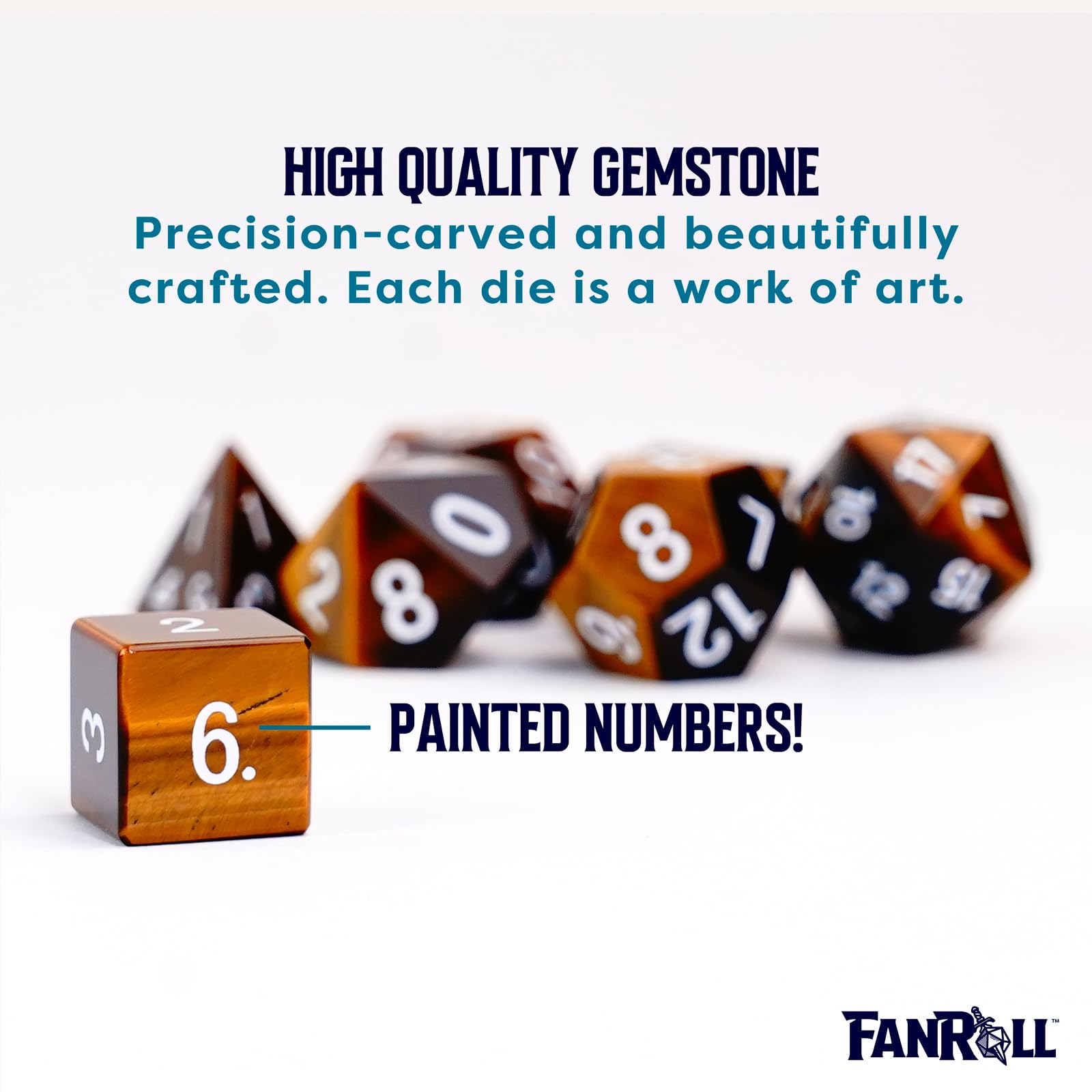 FanRoll 16mm Stone Polyhedral DND Dice Set - Handcrafted Tiger's Eye Gemstone Dice for Dungeons & Dragons RPG | Perfect for Tabletop Gaming, D&D Campaigns & Collector Displays