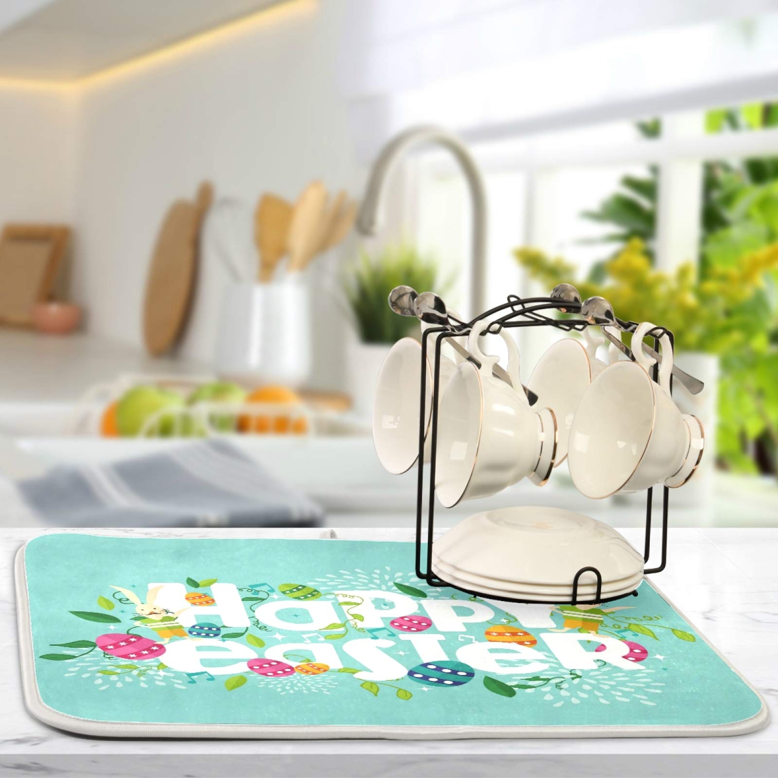 ALAZA Colorful Easter Dish Drying Mat - Super Absorbent Microfiber Kitchen Countertop Pad (16x18 Inch) - Perfect for Drying Dishes, Utensils & Cookware After Washing