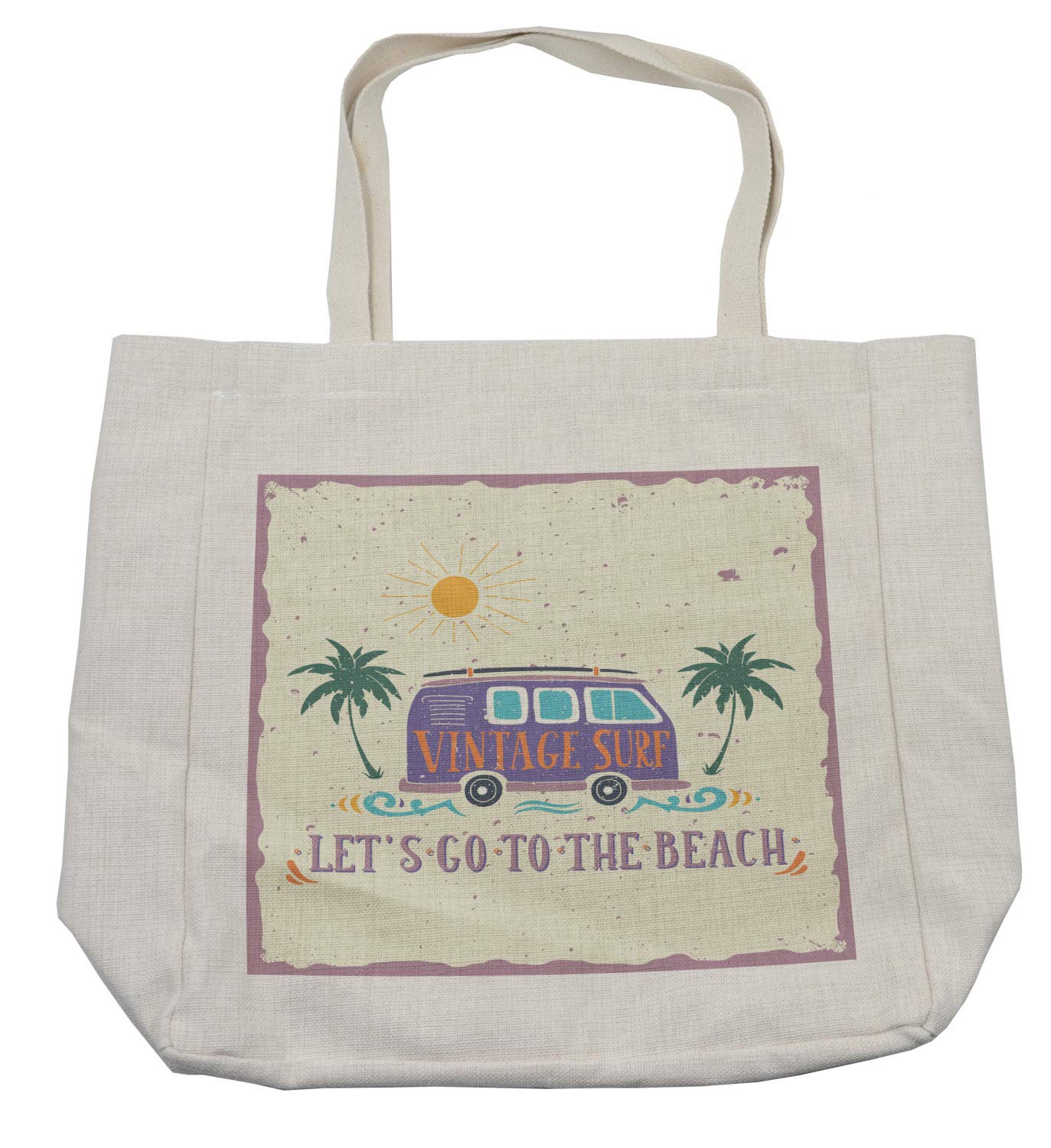 Ambesonne Happy Camper Reusable Shopping Bag - Eco-Friendly Grocery Tote with 'Let's Go to the Beach' Slogan & Palm Tree Design - 15.5