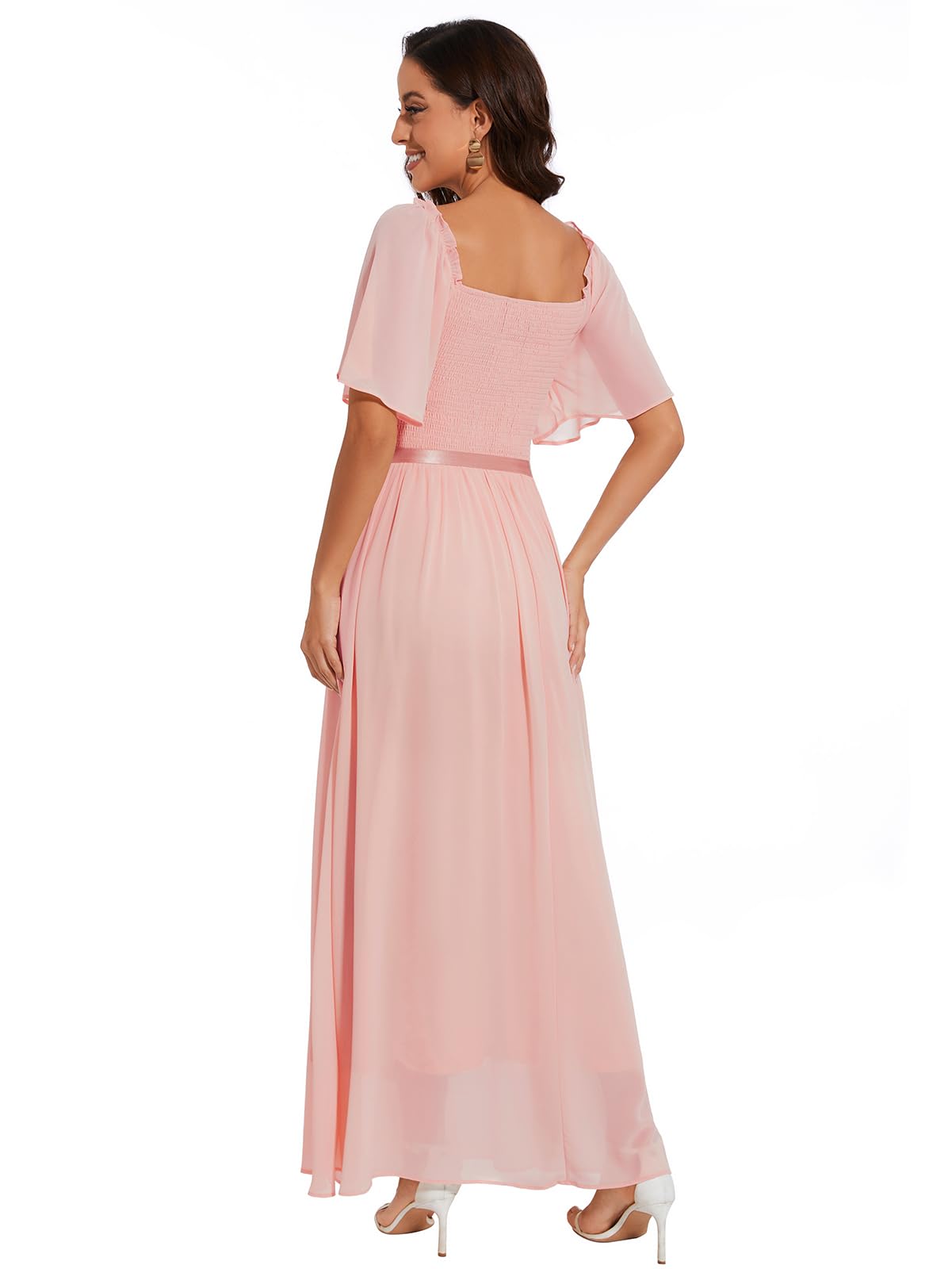 Elegant Women's Short Sleeve Chiffon Maxi Dress for Wedding Guest, Cocktail Party & Summer Occasions - Flowy Smocked Midi Dress for Beach, Vacation & Special Events